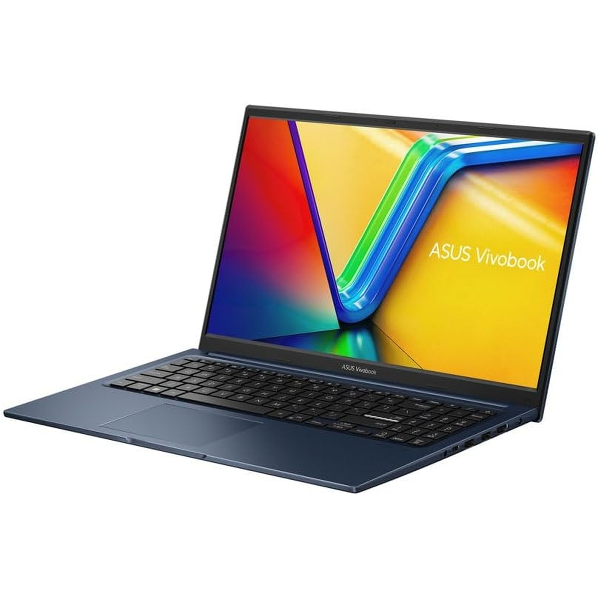 Beyaz arka planda mavi Asus Vivobook dizüstü bilgisayar renkli ekran deseni gösteriyor.