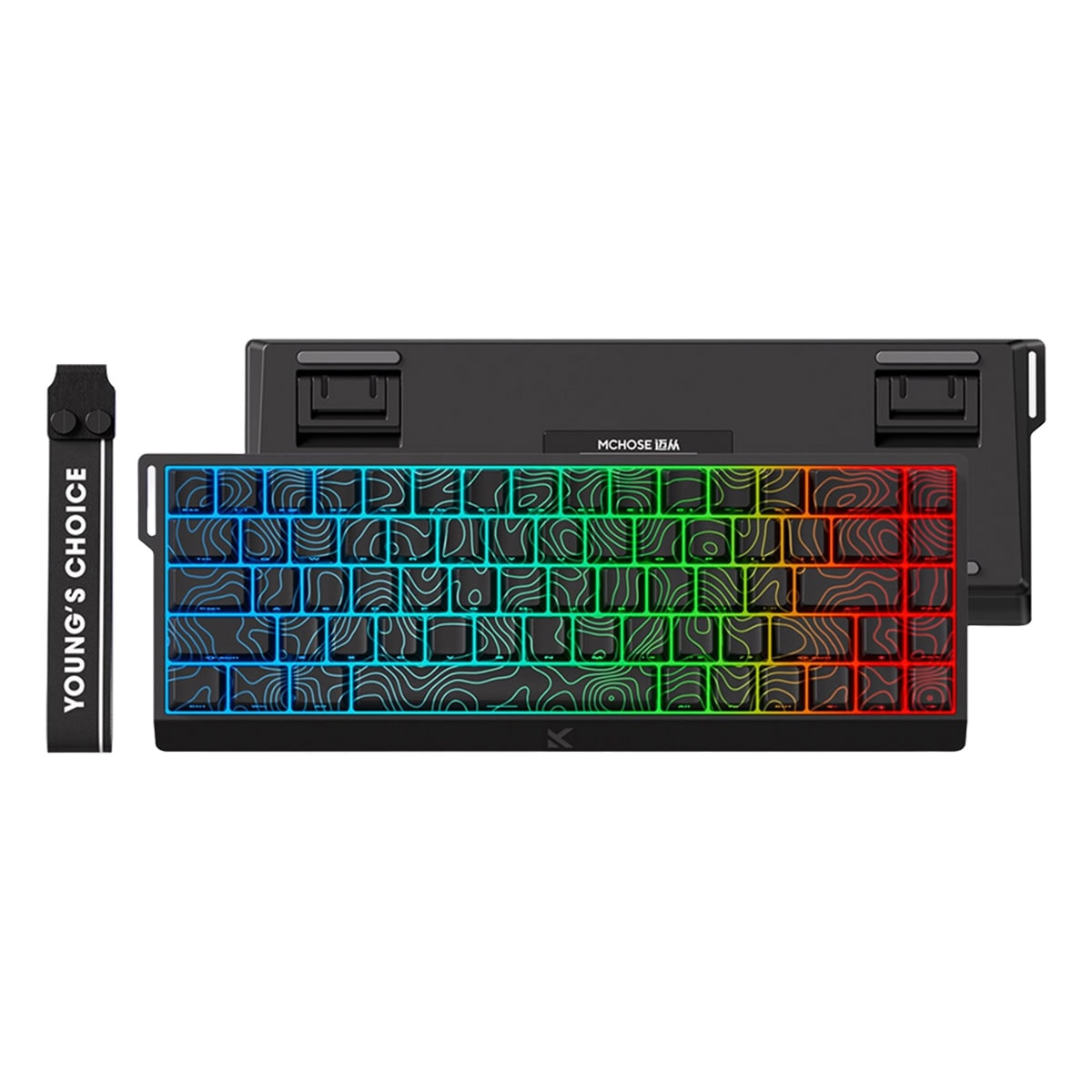 Renkli RGB desenli kompakt siyah klavye, arka kapak ve yanında küçük bir askı.