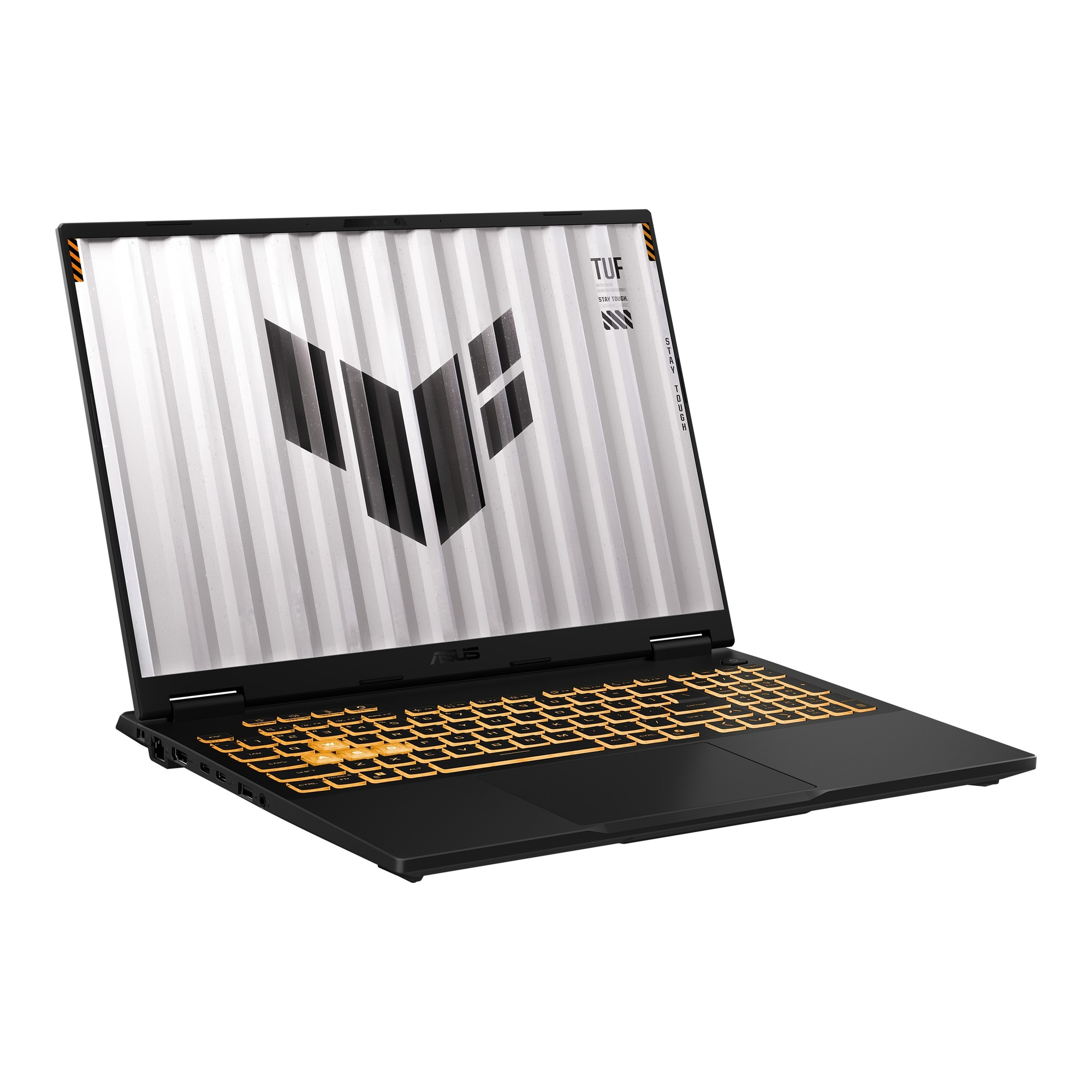 Beyaz arkaplanda, arkadan aydınlatmalı klavyeye sahip açık siyah bir Asus TUF oyuncu dizüstü bilgisayarı.