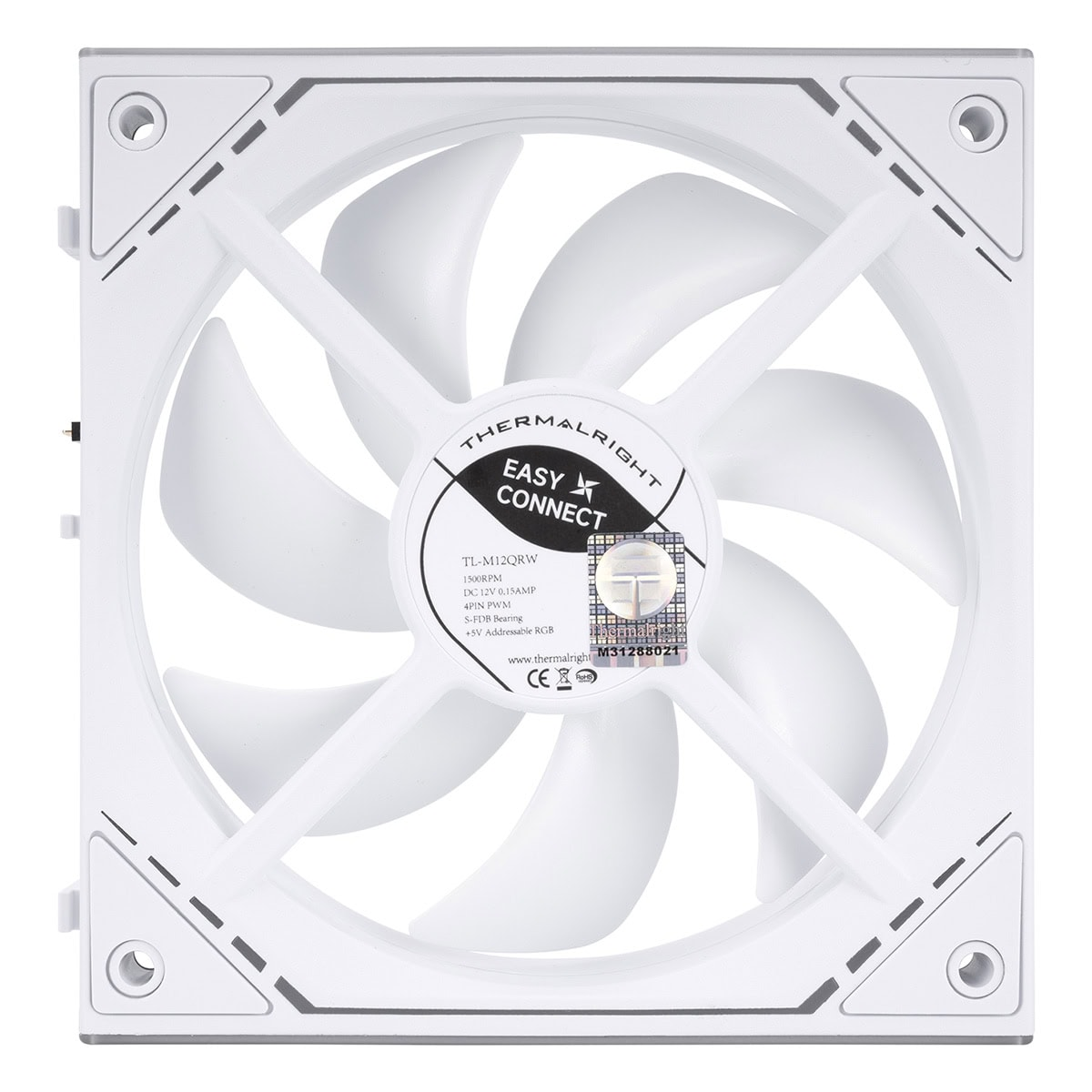 Yedi kanatlı ve merkezde marka logosu bulunan beyaz bir Thermalright bilgisayar fanı.