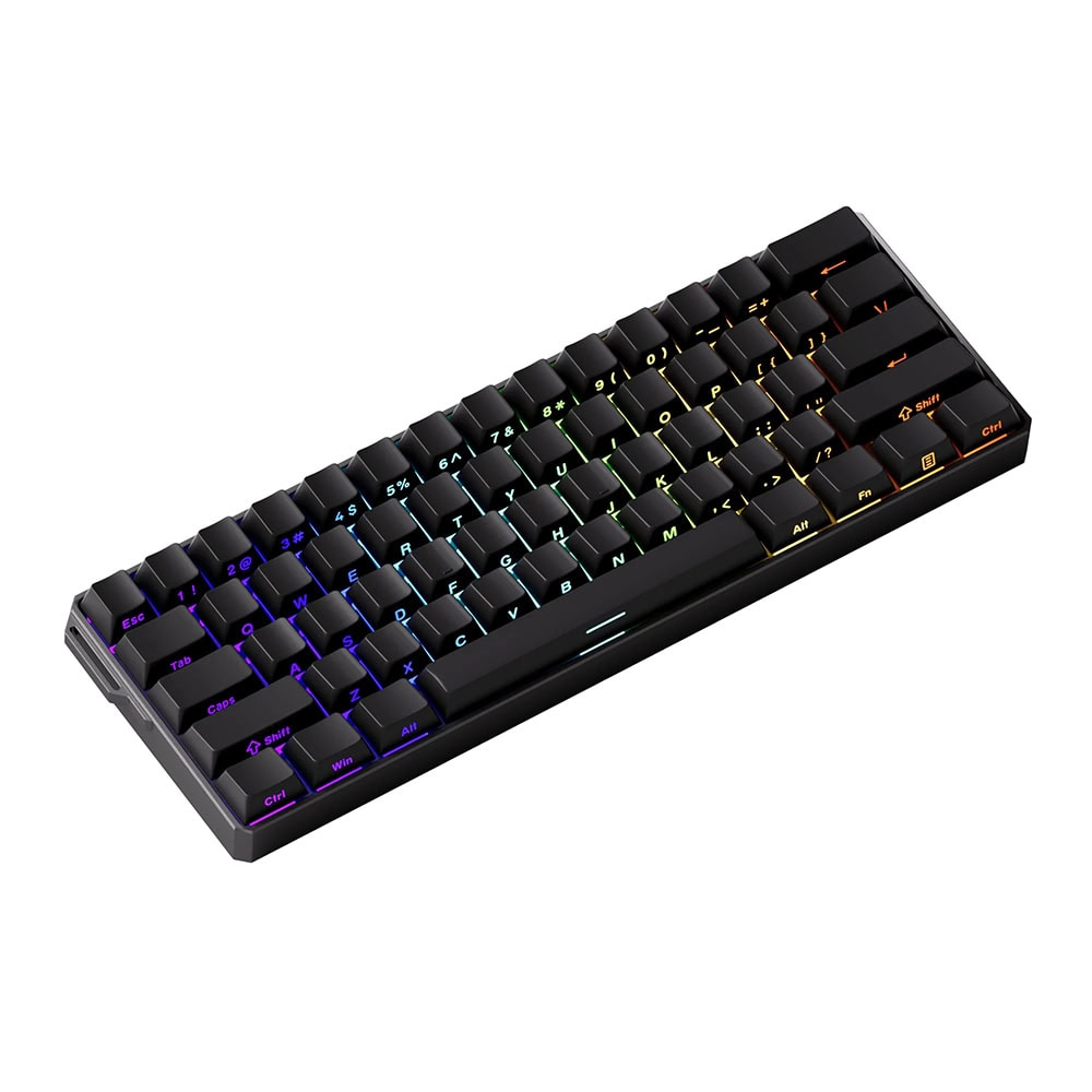 Beyaz arka planda canlı RGB aydınlatmaya sahip kompakt siyah mekanik klavye.