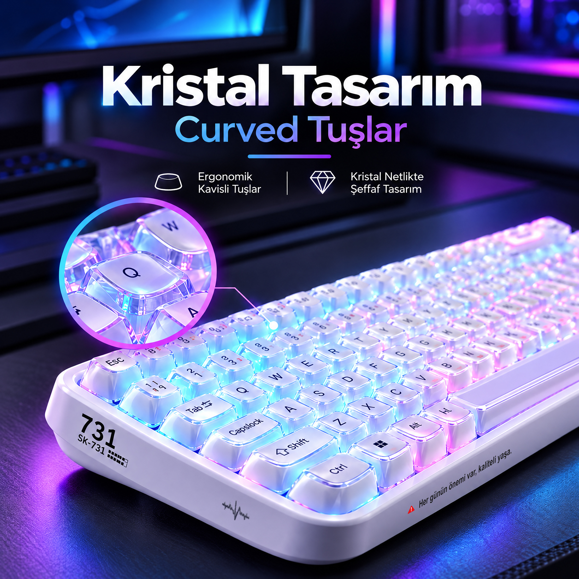 RGB arka aydınlatmalı, kavisli tuşlara sahip beyaz mekanik klavye ve tuşların yakınlaştırılmış görünümü.