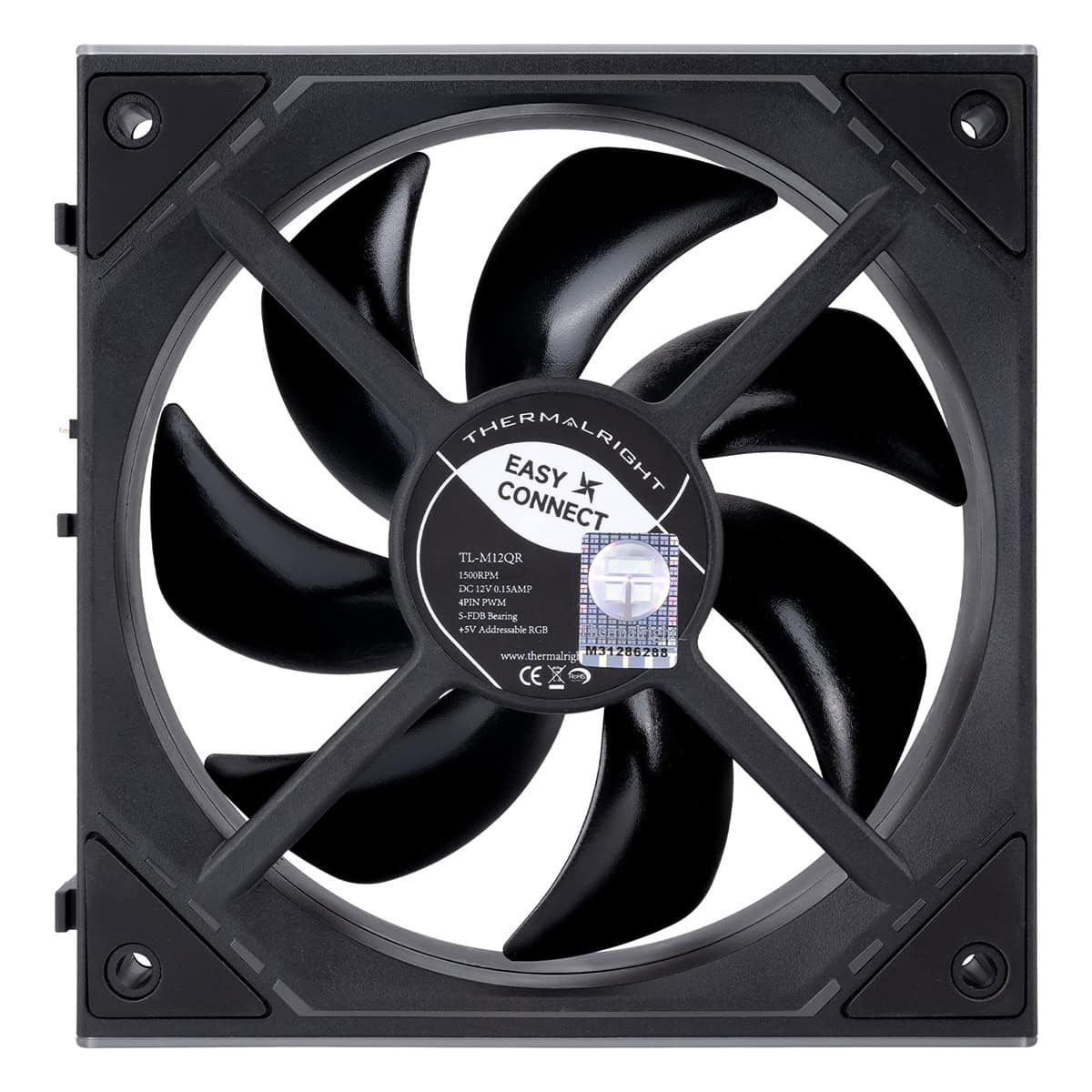 Kıvrık kanatlı ve kare çerçeveli, üzerinde Thermalright etiketi olan siyah bilgisayar soğutma fanı.