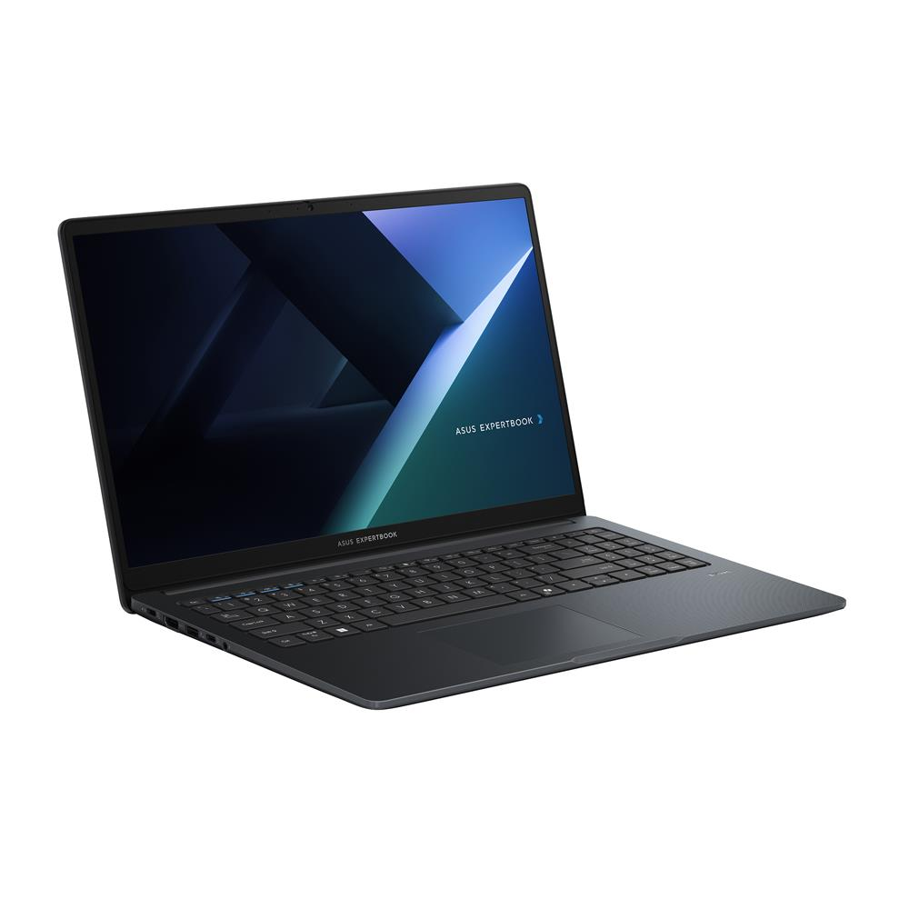 Beyaz bir yüzde üzerinde siyah bir Asus ExpertBook dizüstü bilgisayar, ekran mavi bir tasarım gösteriyor.