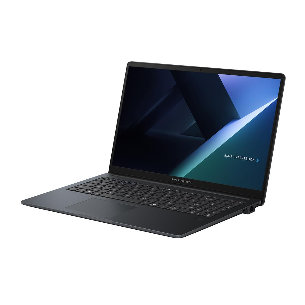Siyah bir Asus ExpertBook dizüstü bilgisayar beyaz bir yüzeyde açık duruyor, ekranda mavi soyut bir duvar kağıdı var.
