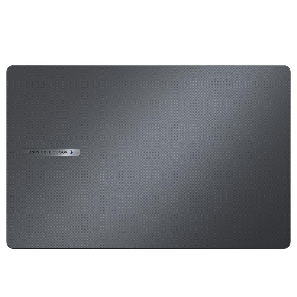 Beyaz arka planda şirket logolu kapalı gri Asus ExpertBook dizüstü bilgisayar.