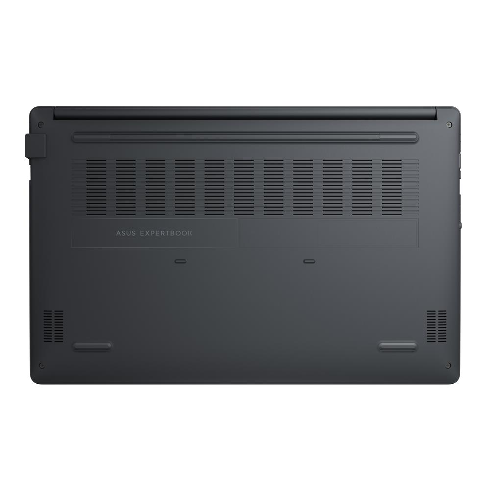 Havalandırma delikleri, kauçuk ayaklar ve marka logosu olan gri Asus ExpertBook dizüstü bilgisayarın alt görünümü.