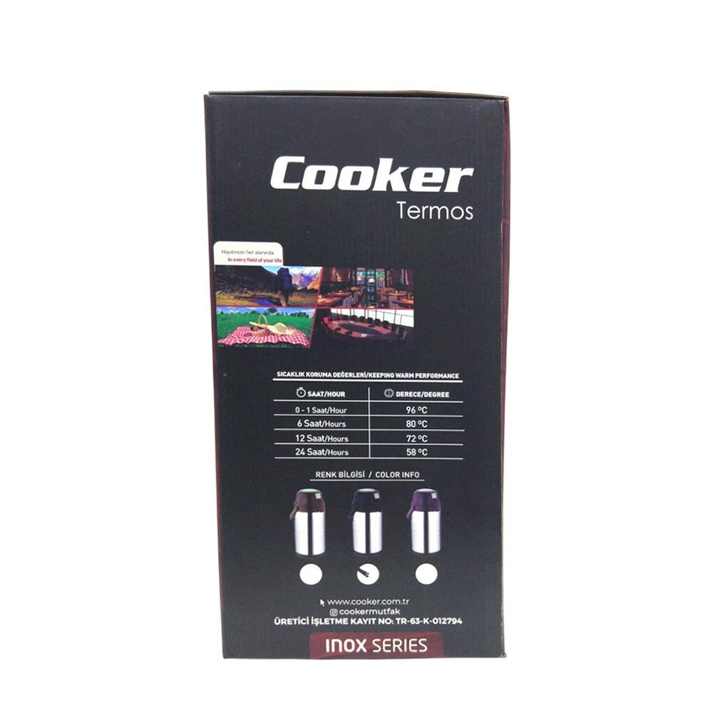 Sıcaklık performans tablosu ve termos şişe illüstrasyonları bulunan siyah Cooker Termos ürün kutusu.