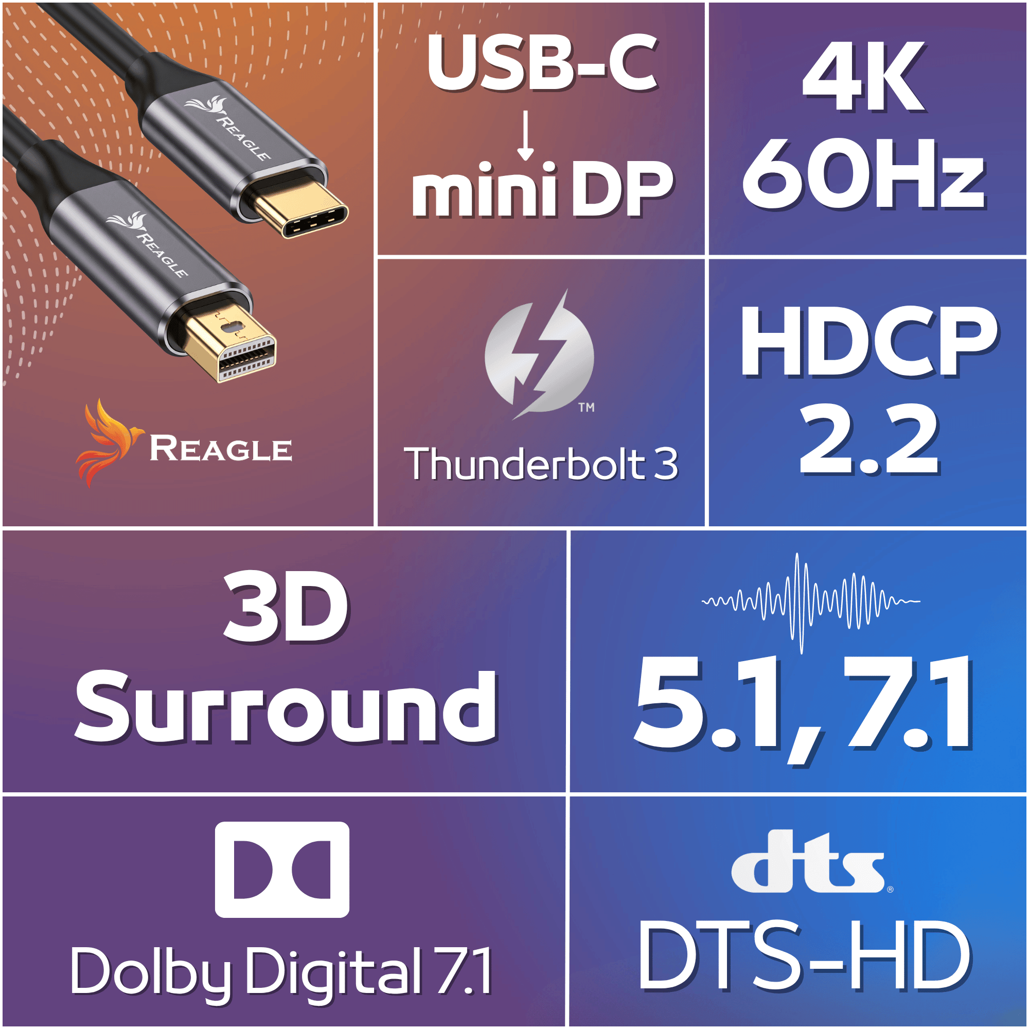 USB-C zu Mini-DP Kabel von Reagle mit 4K, HDCP 2.2, 3D Surround und Dolby Digital Unterstützung.