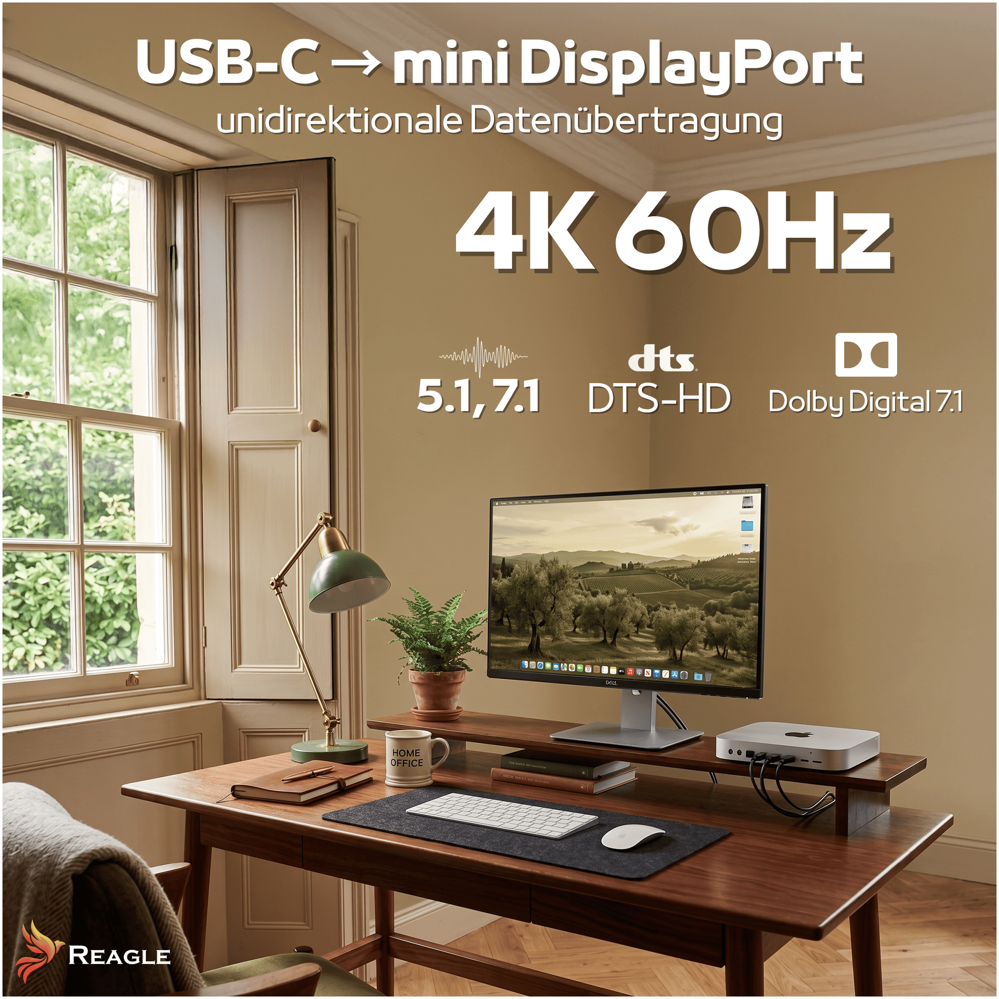 Holzschreibtisch mit Monitor, Lampe, Tastatur und Mini-PC vor einem Fenster, mit Text für USB-C zu mini DisplayPort.