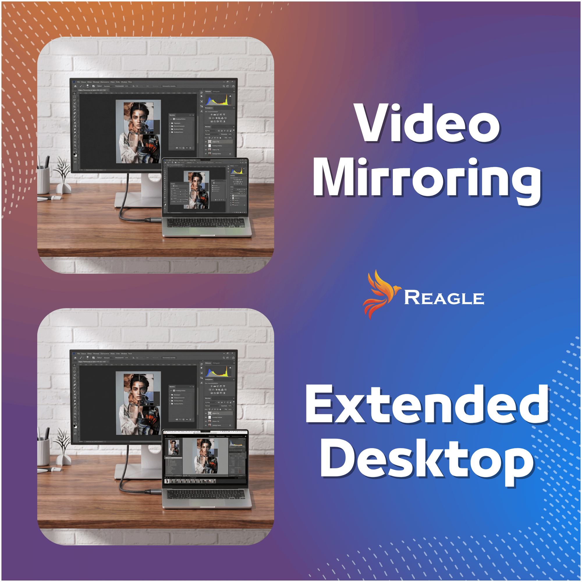 Vergleich von Video-Spiegelung und erweitertem Desktop auf Bildschirmen.