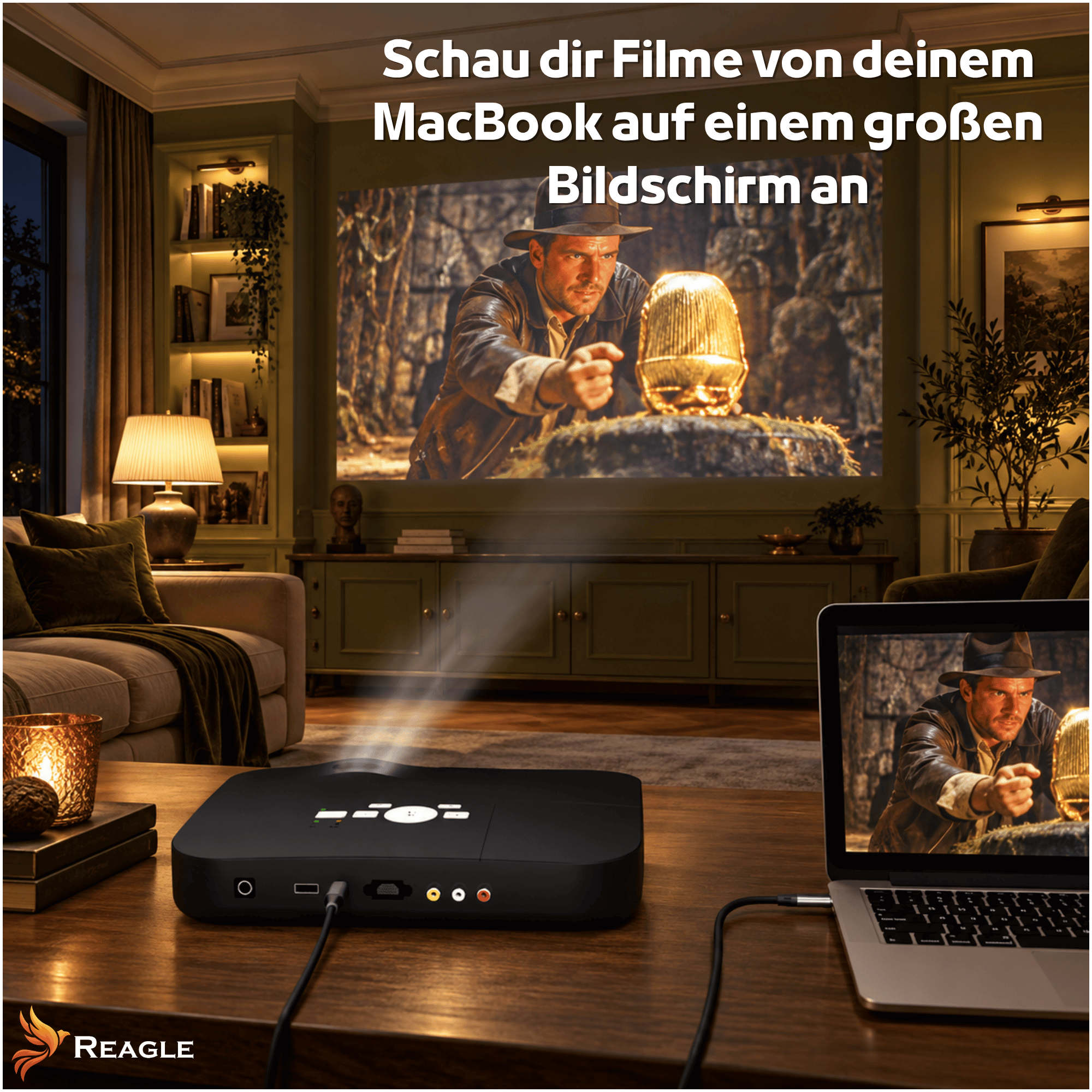 Ein Projektor streamt einen Film von einem MacBook an eine große Wand in einem gemütlichen Wohnzimmer.