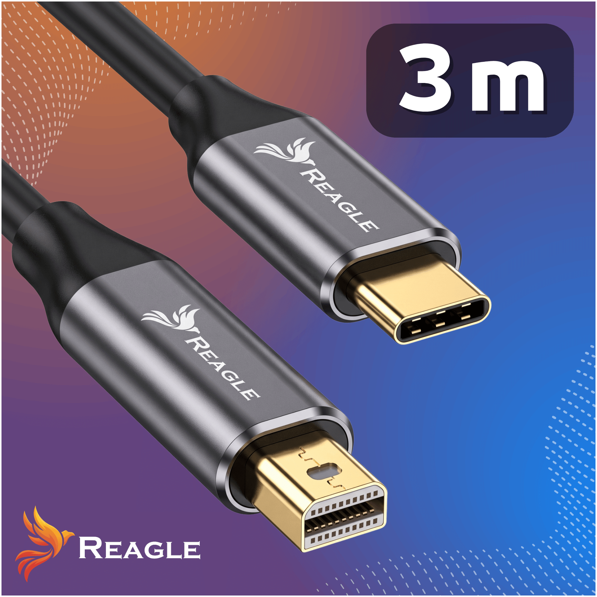 Zwei Reagle Kabel mit goldenen Anschlüssen, eines USB-C und eines Mini-DisplayPort, auf blau-violettem Hintergrund.