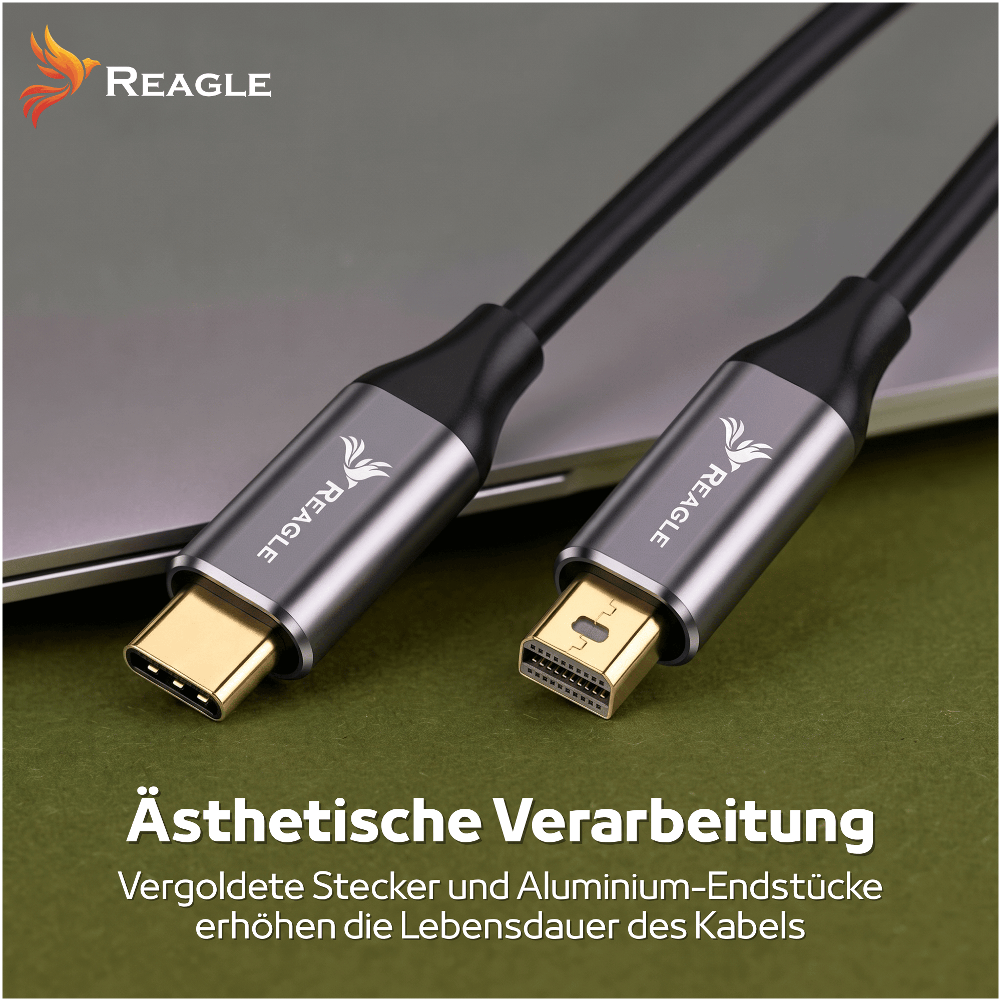 Zwei Reagle Kabel mit goldenen Anschlüssen und Aluminiumgehäusen liegen auf einer grünen Oberfläche.