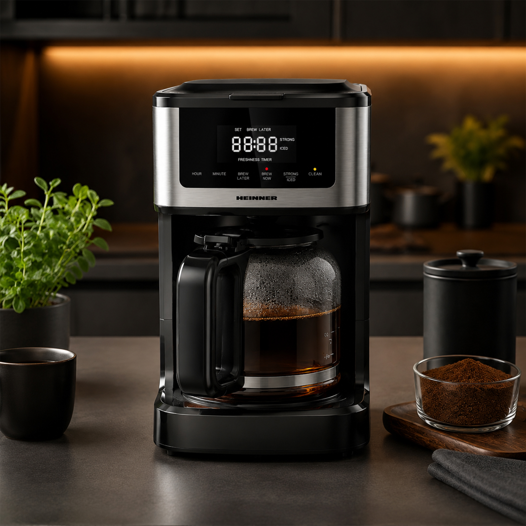 Moderne zwart-zilveren Heinner koffiezetapparaat op een aanrecht met glazen kan, gemalen koffie en groene planten.
