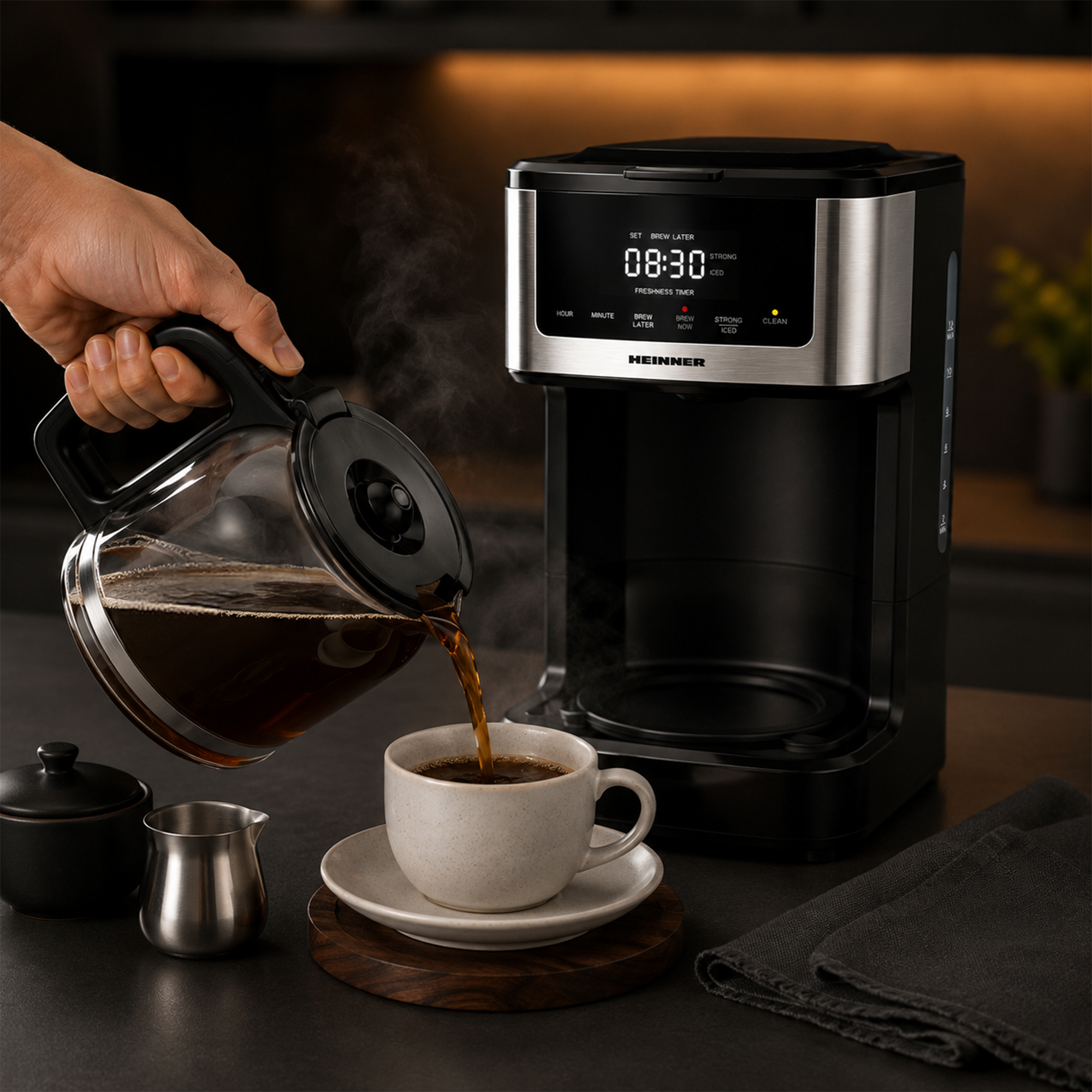 Een hand schenkt koffie uit een glazen kan in een kopje naast een koffiezetapparaat.