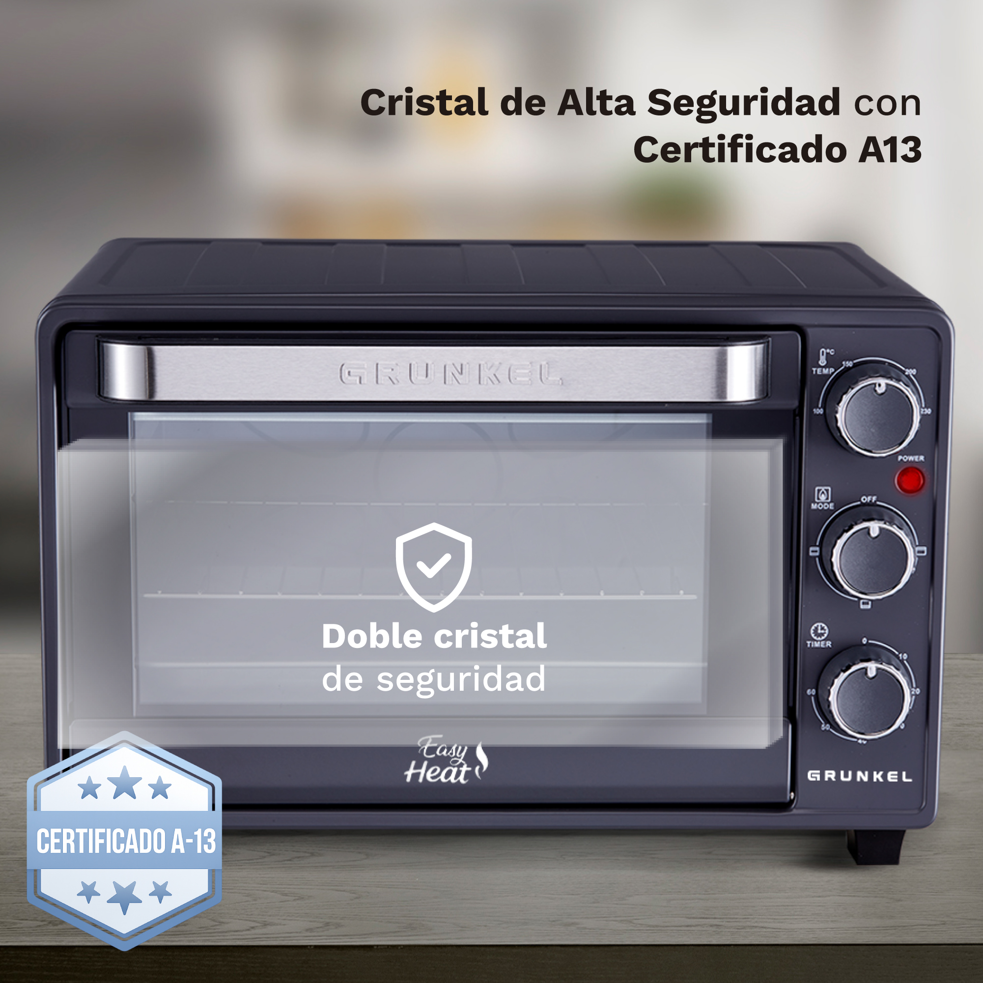 Mini horno negro Grunkel con doble cristal de seguridad y mandos a la derecha sobre encimera.