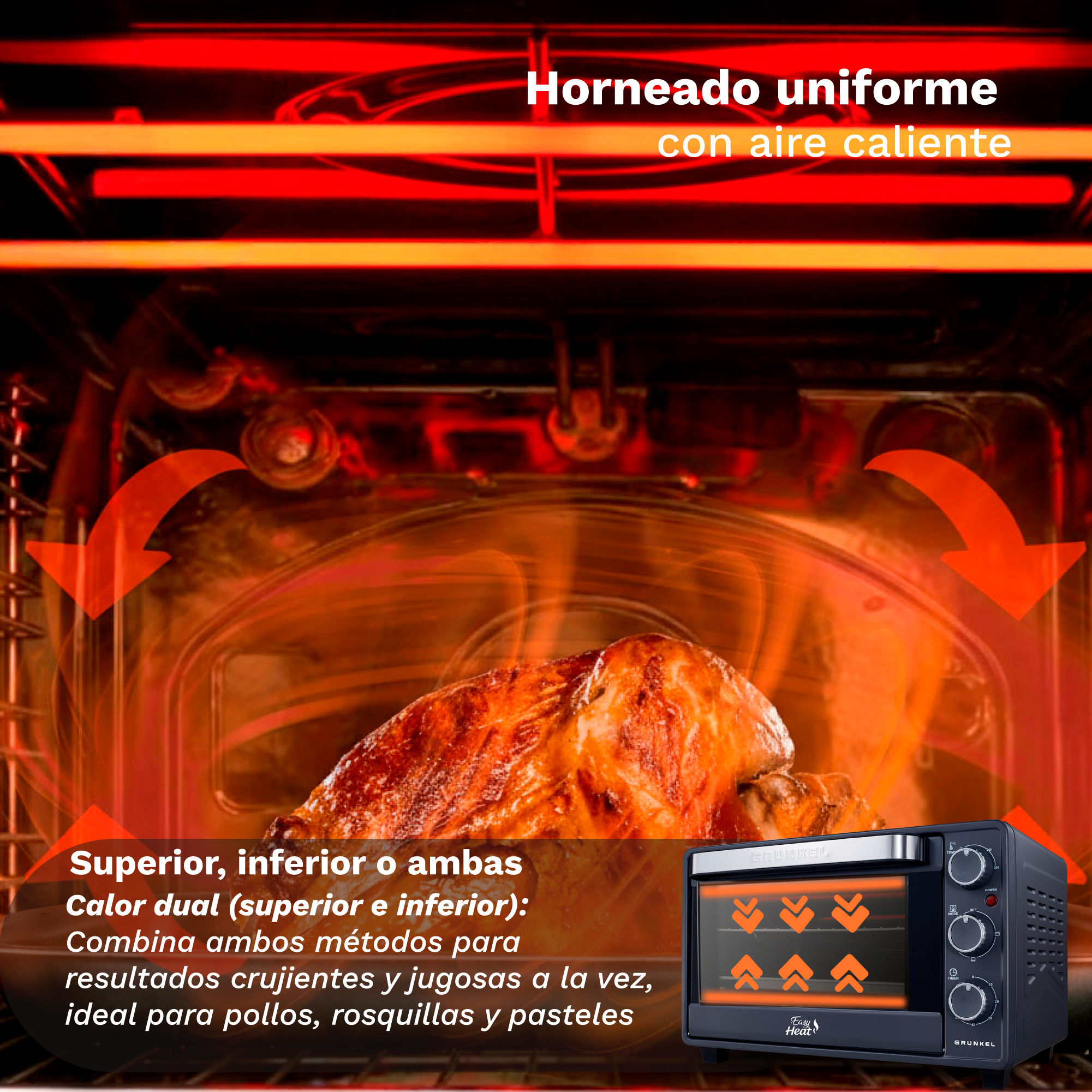 Pollo asado dentro de un horno caliente con elementos calefactores brillantes y texto explicativo.