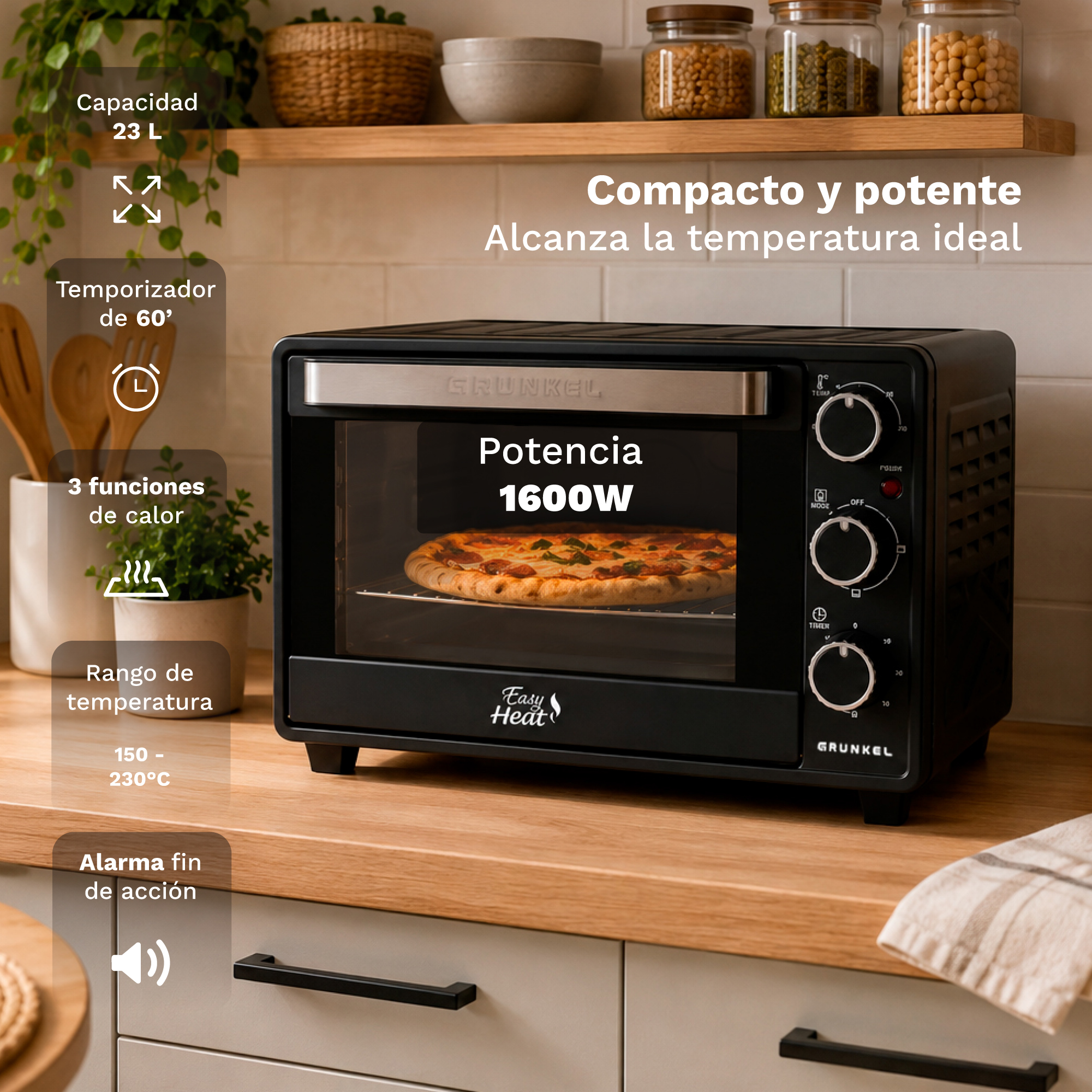 Mini horno eléctrico negro en una encimera de cocina horneando una pizza, con etiquetas de funciones en español.