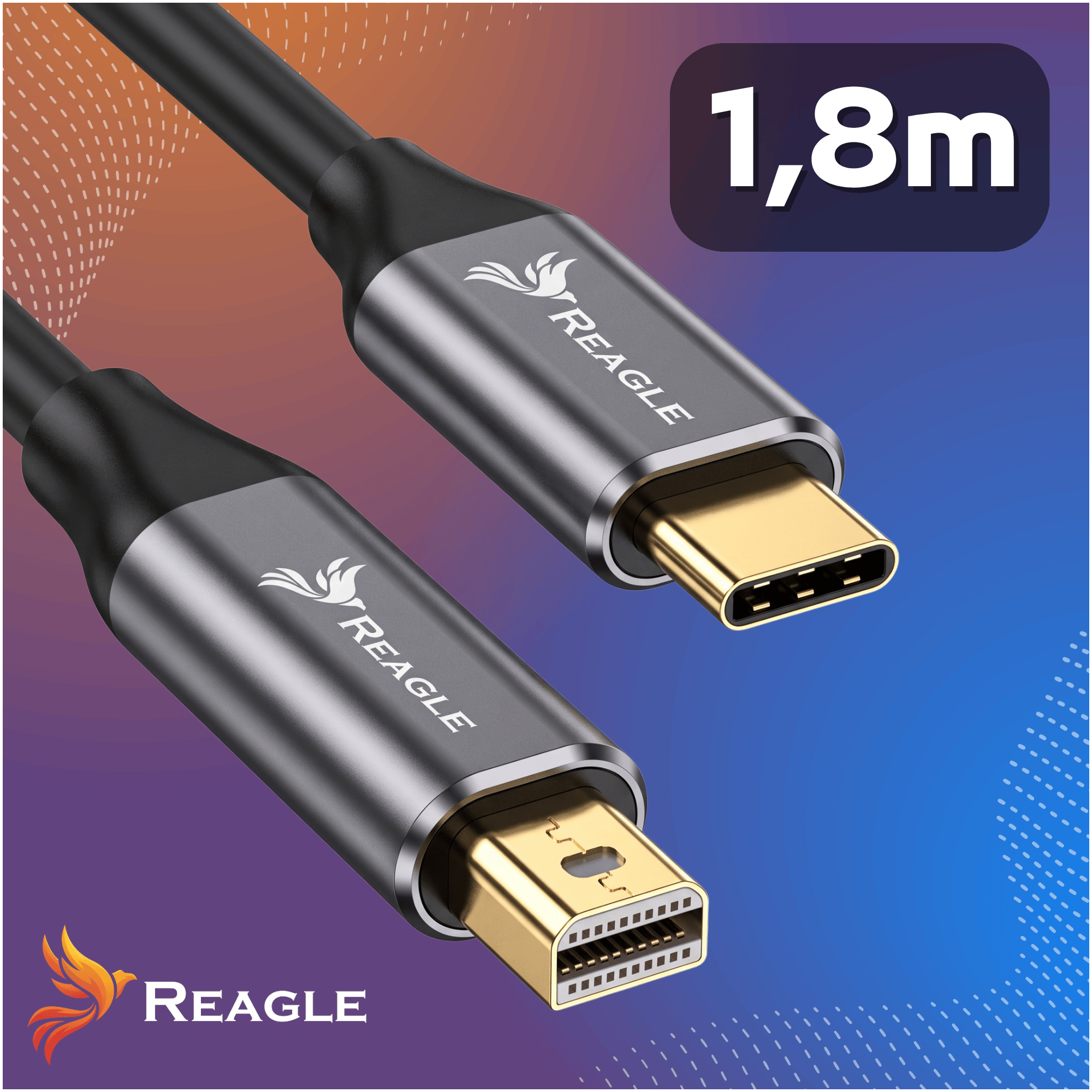 Zwei Reagle-Kabel mit vergoldeten Anschlüssen vor blau-orangerem Hintergrund, Textoverlay 1,8m.