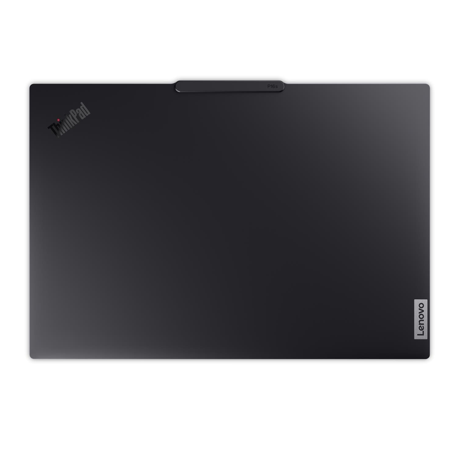 Lenovo logolu, yukarıdan görülen kapalı siyah ThinkPad P16s dizüstü bilgisayar.