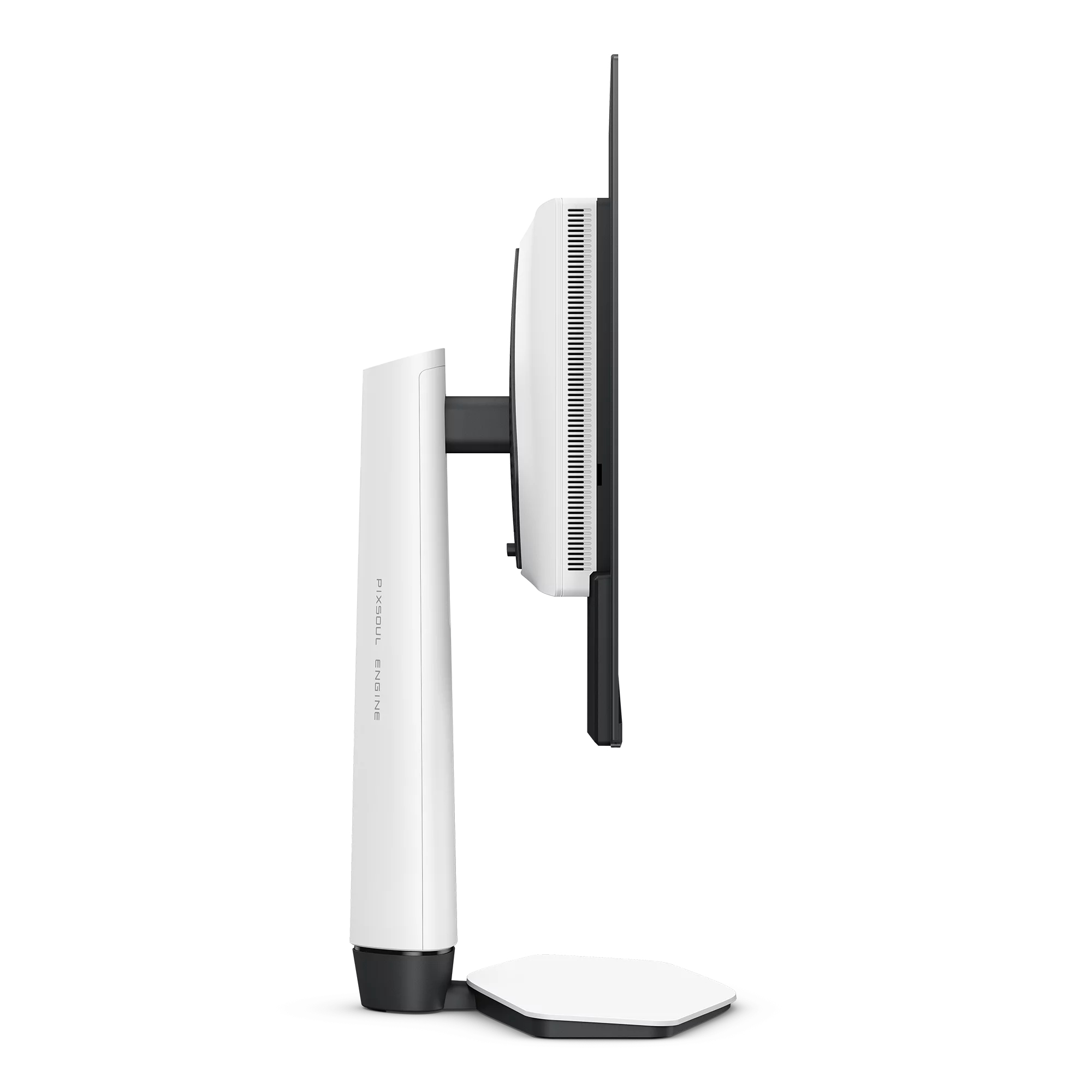 Vista laterale di un monitor per computer bianco con supporto ergonomico su sfondo bianco.