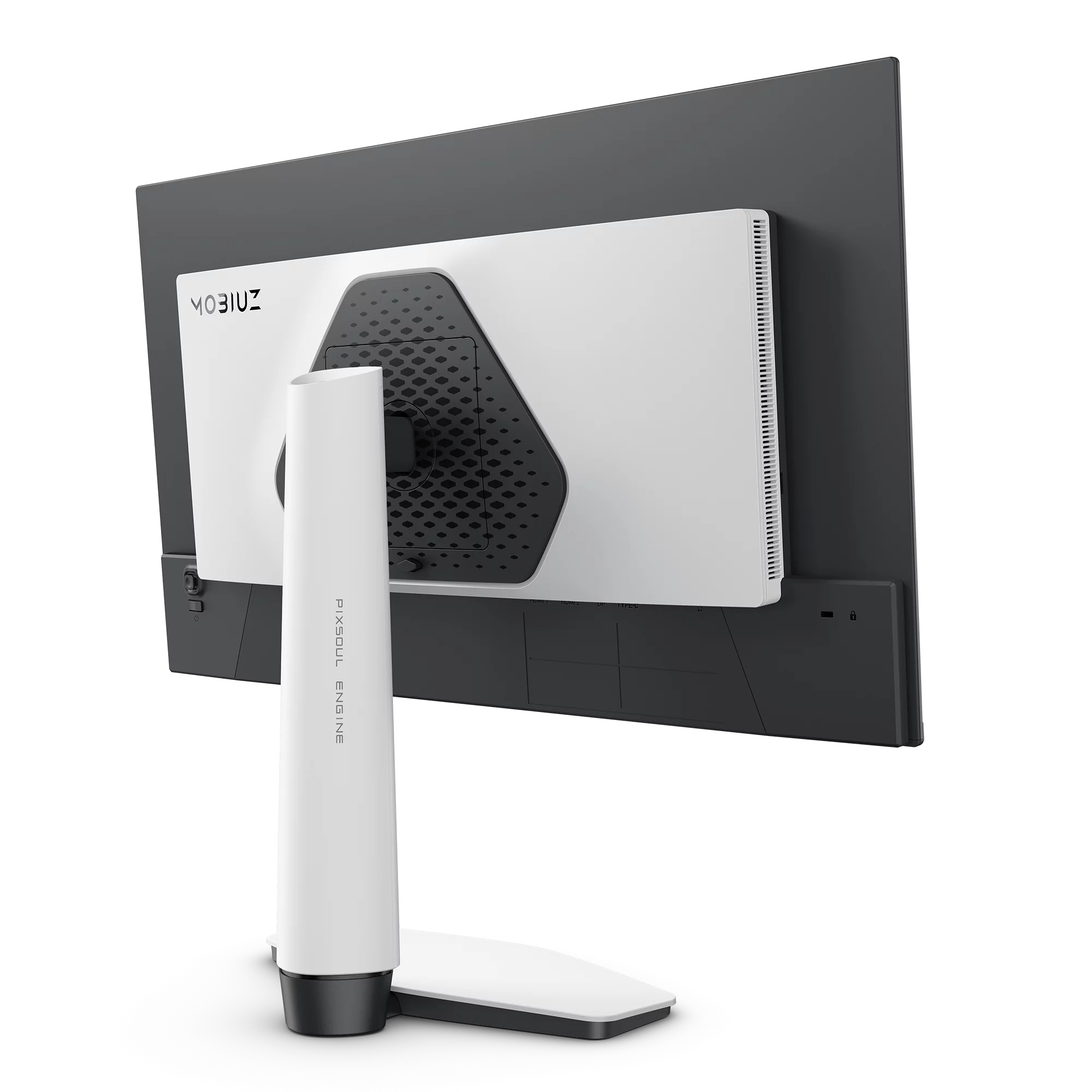 Vista posteriore di un monitor bianco e nero con supporto elegante su sfondo bianco.