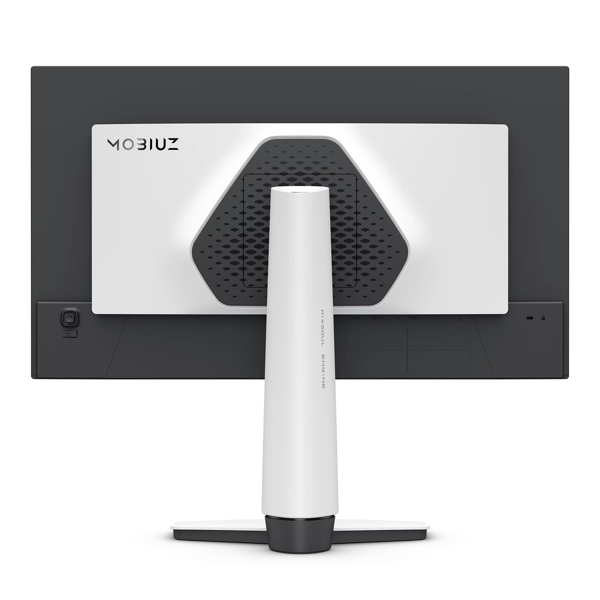 Vista posteriore di un monitor BenQ Mobius bianco su supporto bianco su sfondo bianco.