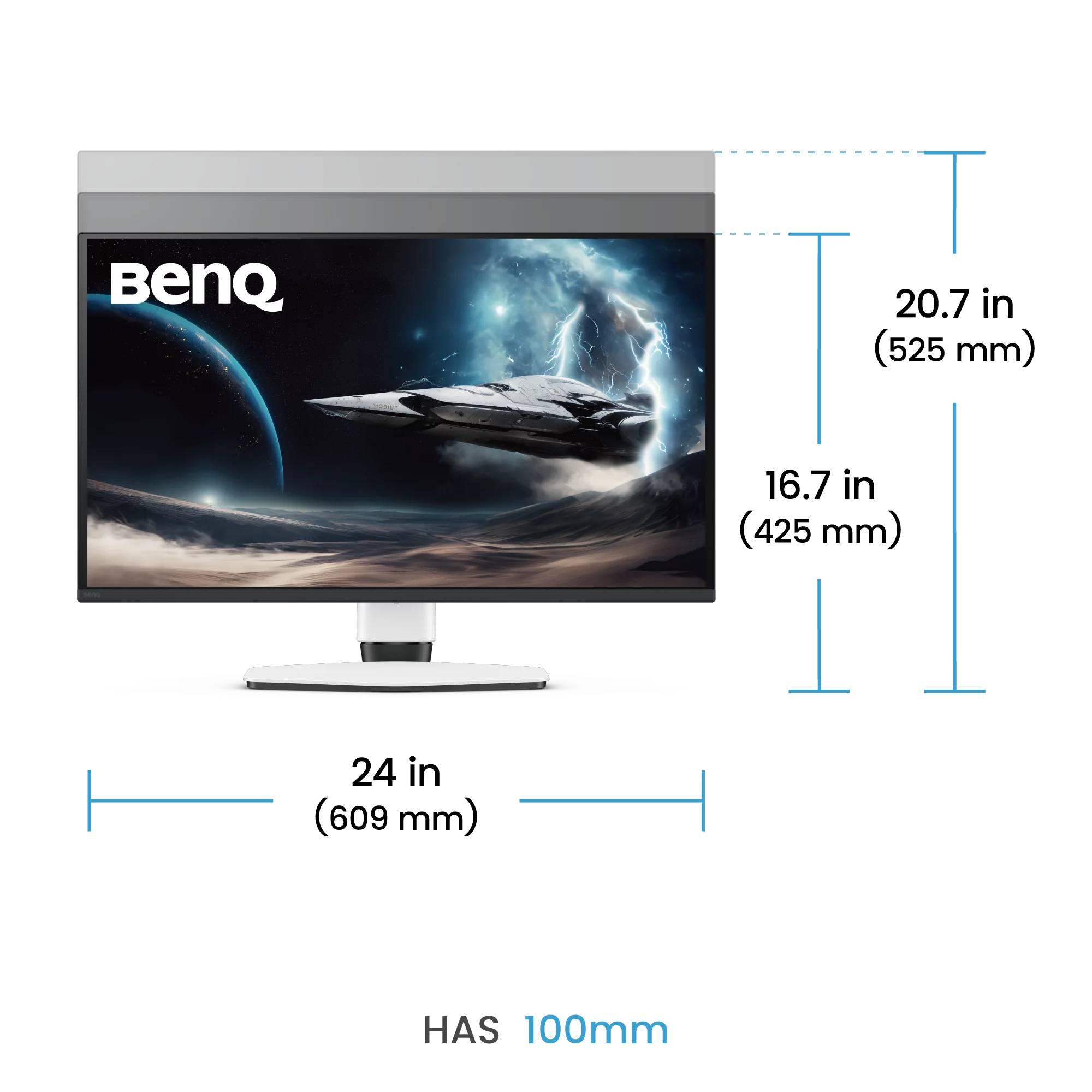 Monitor BenQ con dimensioni in pollici e millimetri e HAS 100 mm.