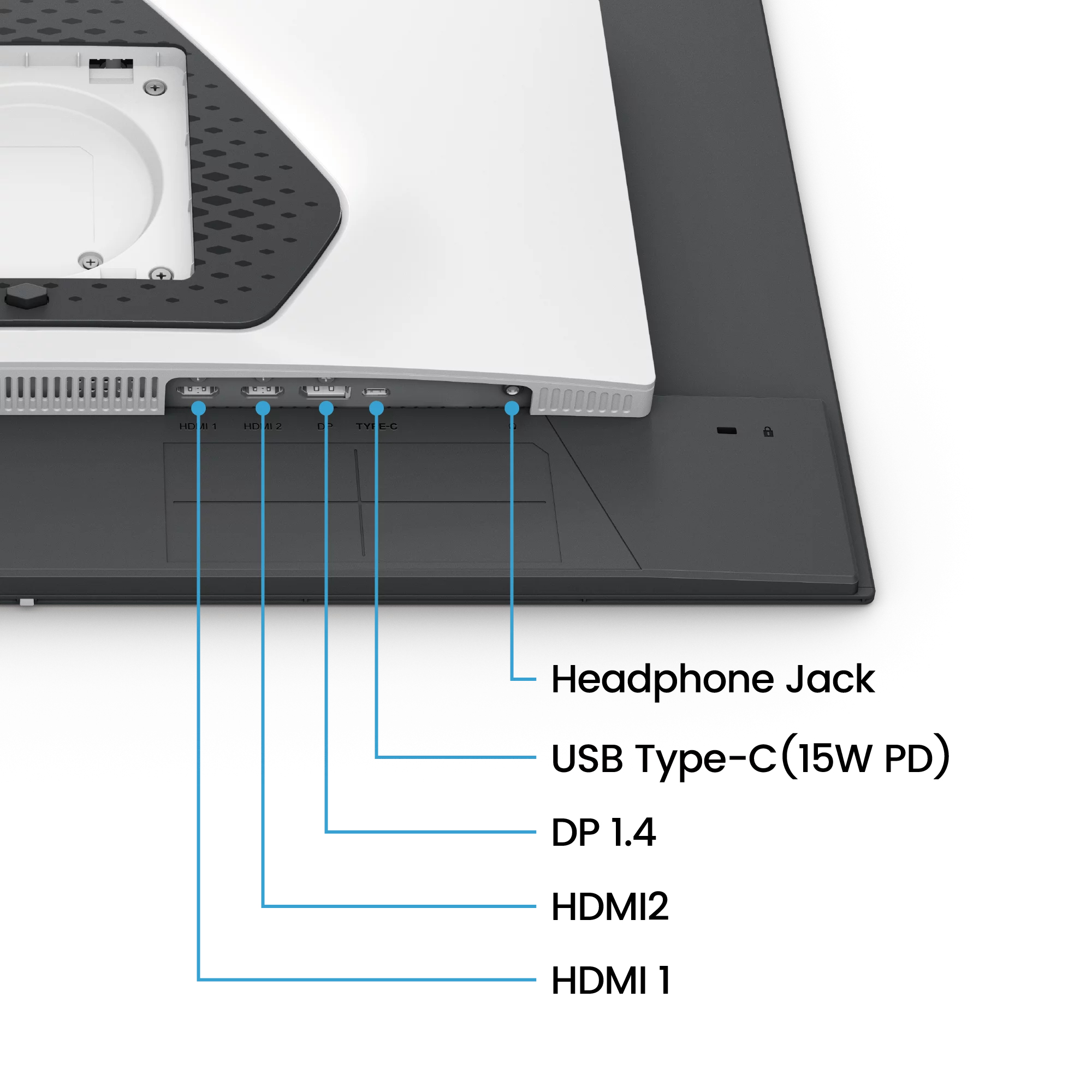Retro di un monitor con porte HDMI, DP, USB-C e jack audio, etichettate con linee blu.