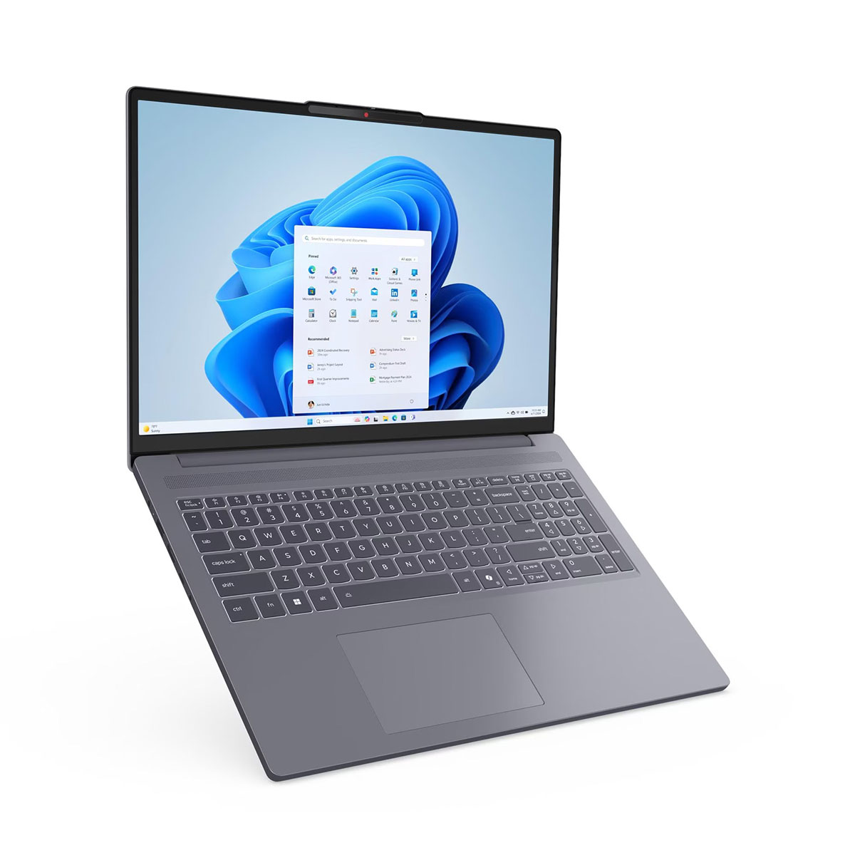 Gri bir dizüstü bilgisayar, mavi dalga arka planına ve açık Başlat menüsüne sahip Windows masaüstünü gösteriyor.