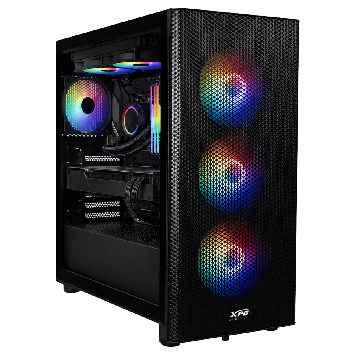 Önü fileli, cam yan panelli ve renkli RGB fanlı siyah bilgisayar kasası.