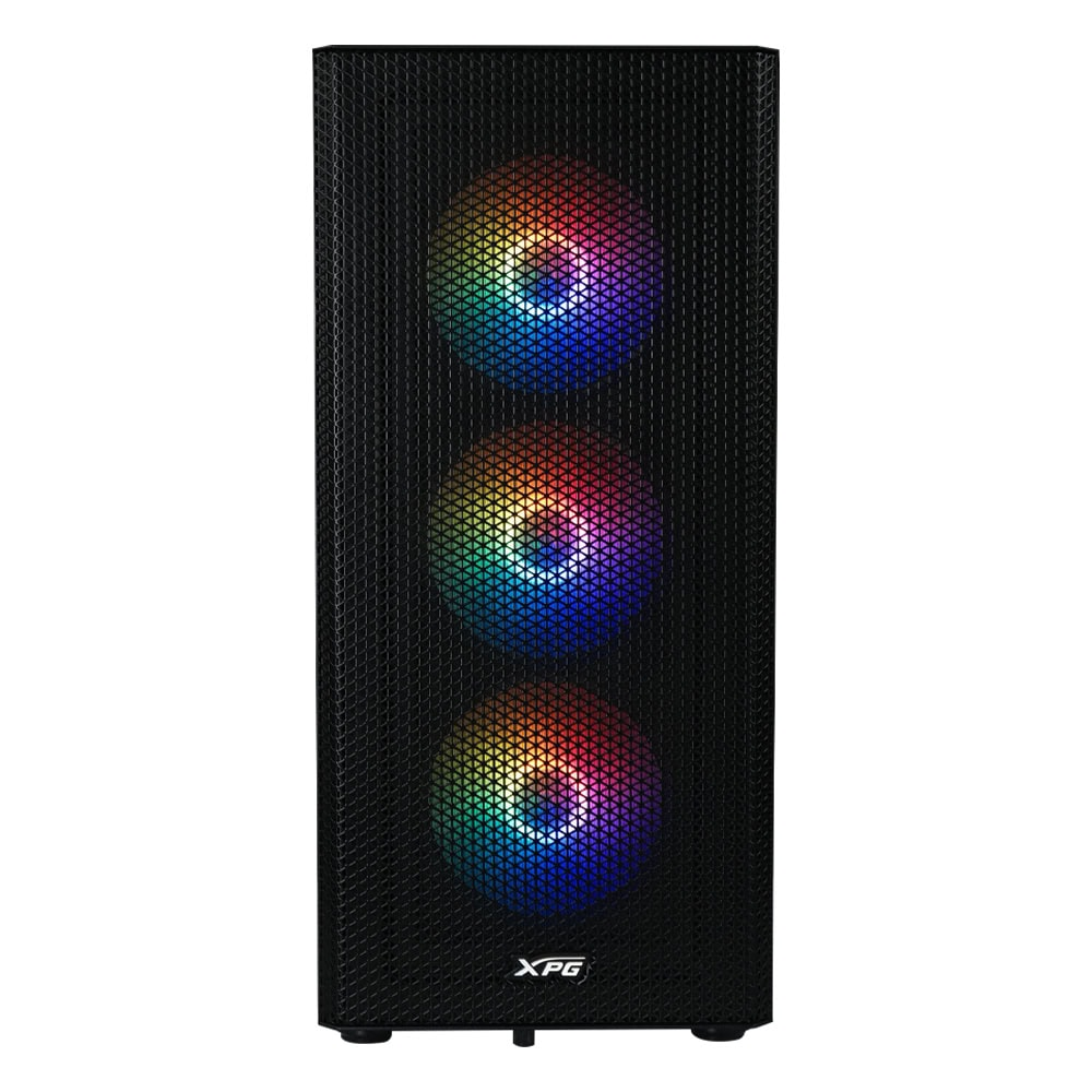 Önü ızgaralı, üç renkli RGB fanlı ve altta XPG logolu siyah bilgisayar kasası.