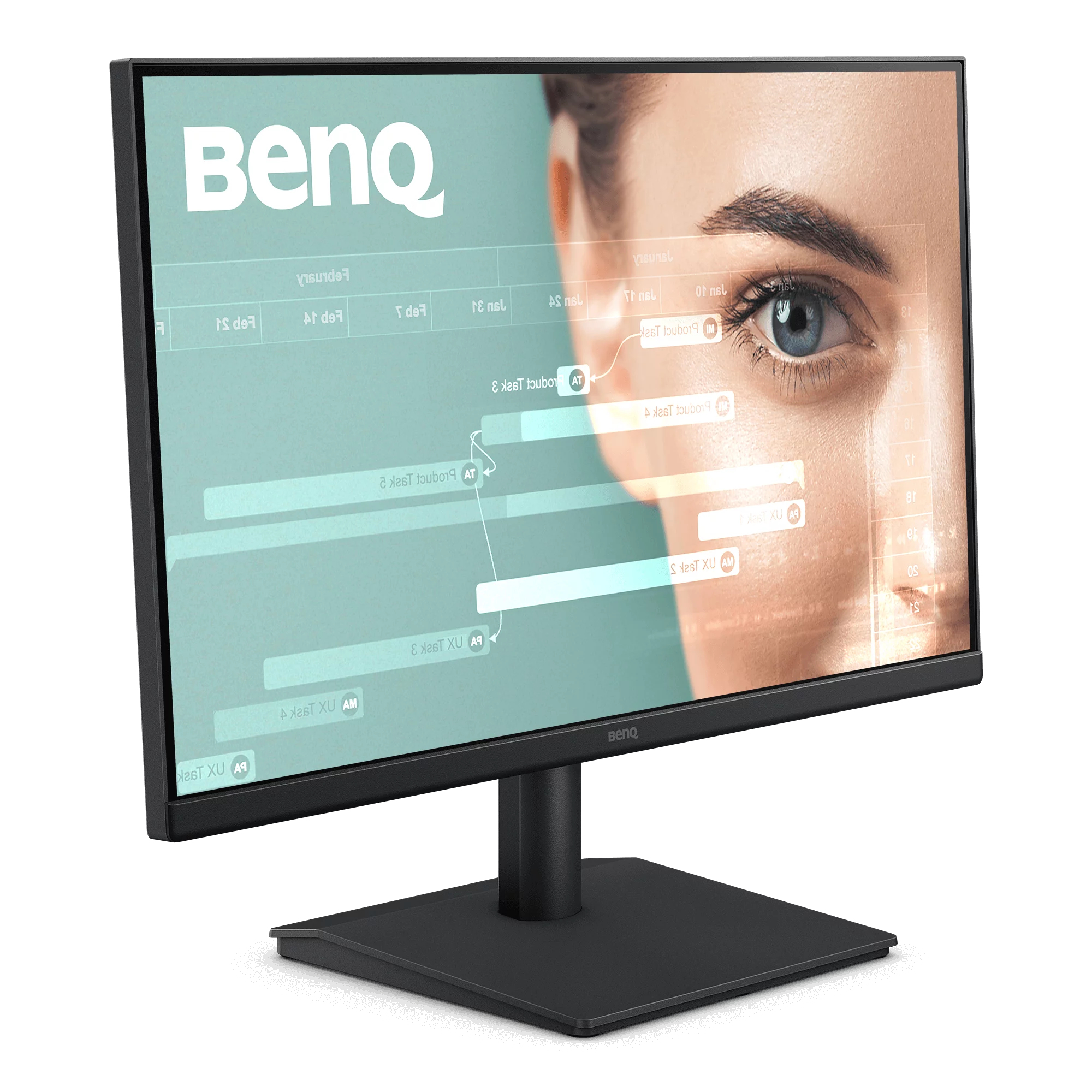 Monitor BenQ nero che mostra il primo piano dell'occhio di una donna e un grafico.