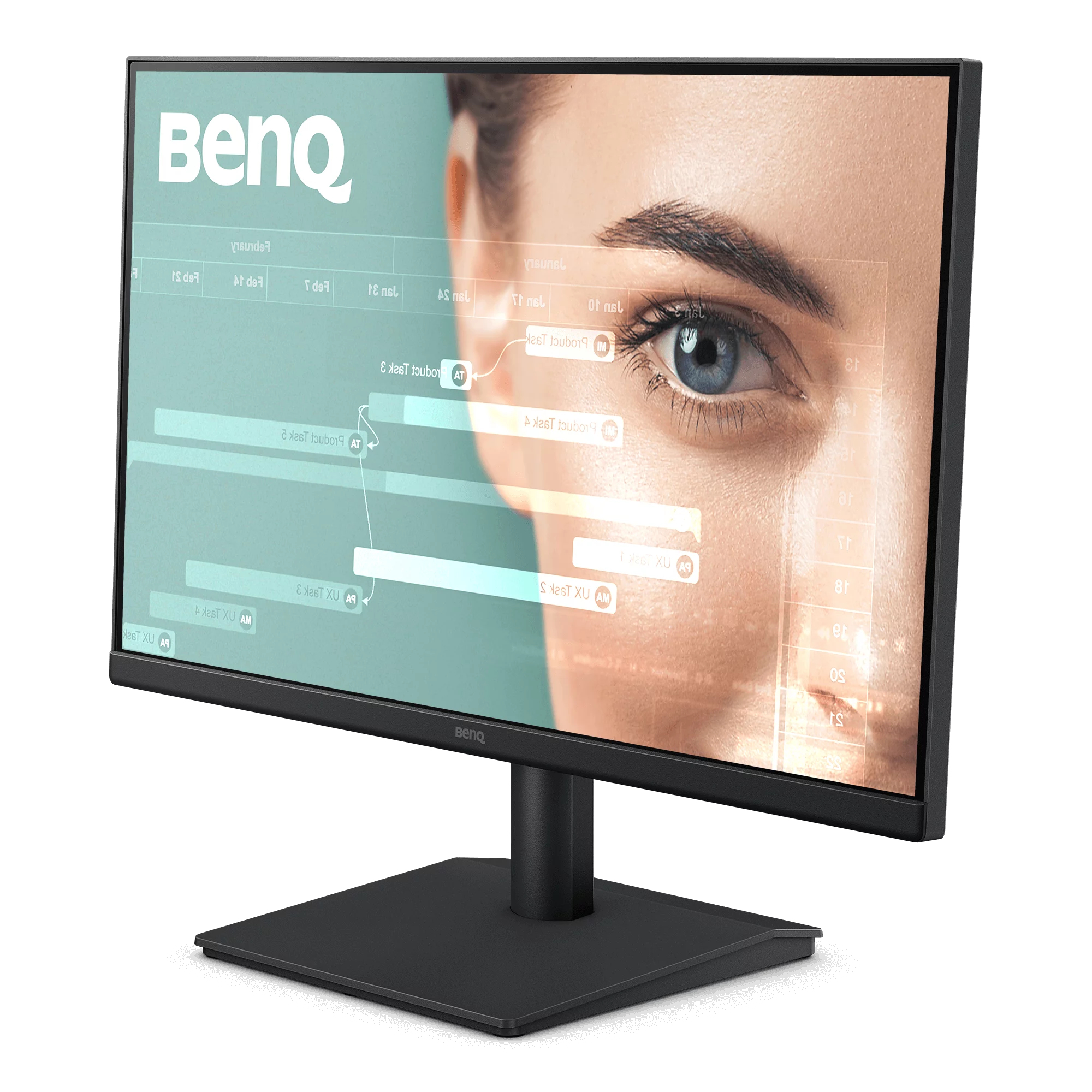 Un monitor BenQ nero mostra un'immagine con il primo piano del viso di una donna e un grafico.
