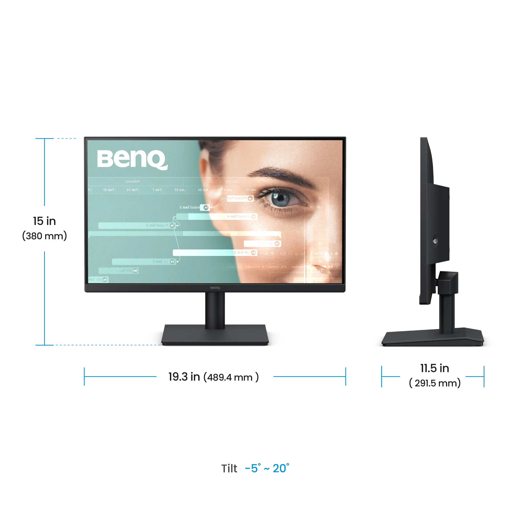 Monitor BenQ con dimensioni: 15 pollici di altezza, 19.3 di larghezza, 11.5 di profondità e -5° a 20° di inclinazione.