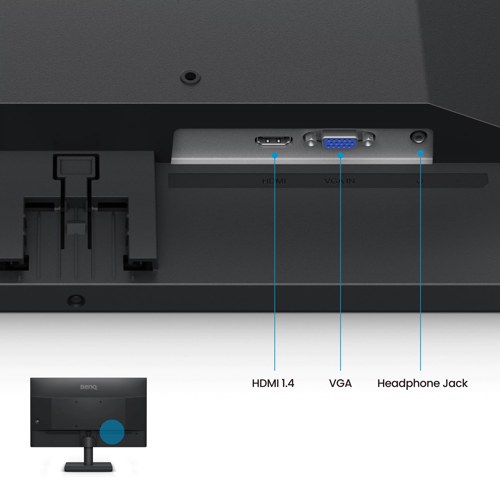 Primo piano delle porte del monitor con HDMI 1.4, VGA e jack per cuffie.
