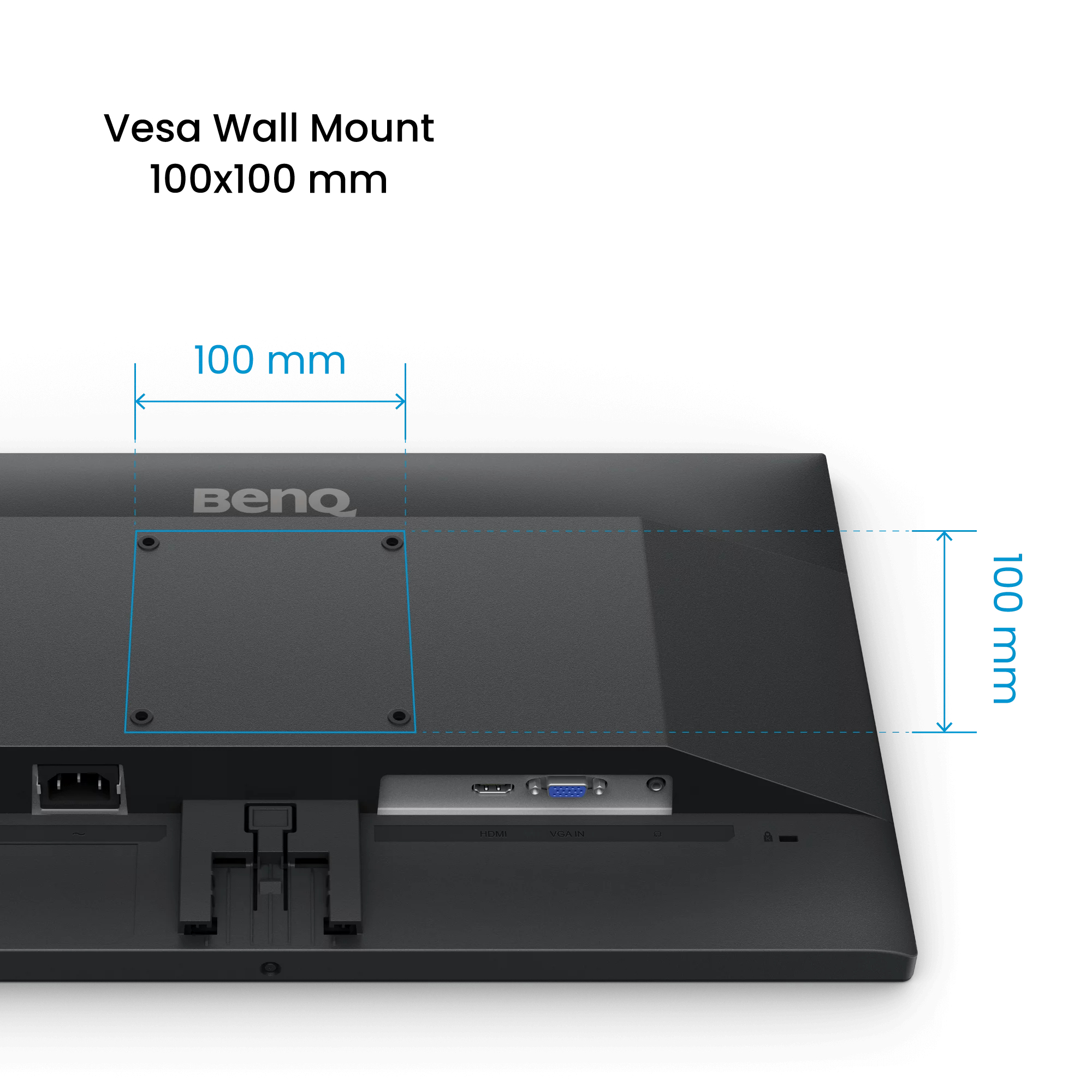 Retro di un monitor BenQ nero che mostra le dimensioni del supporto VESA 100x100 mm e le porte.
