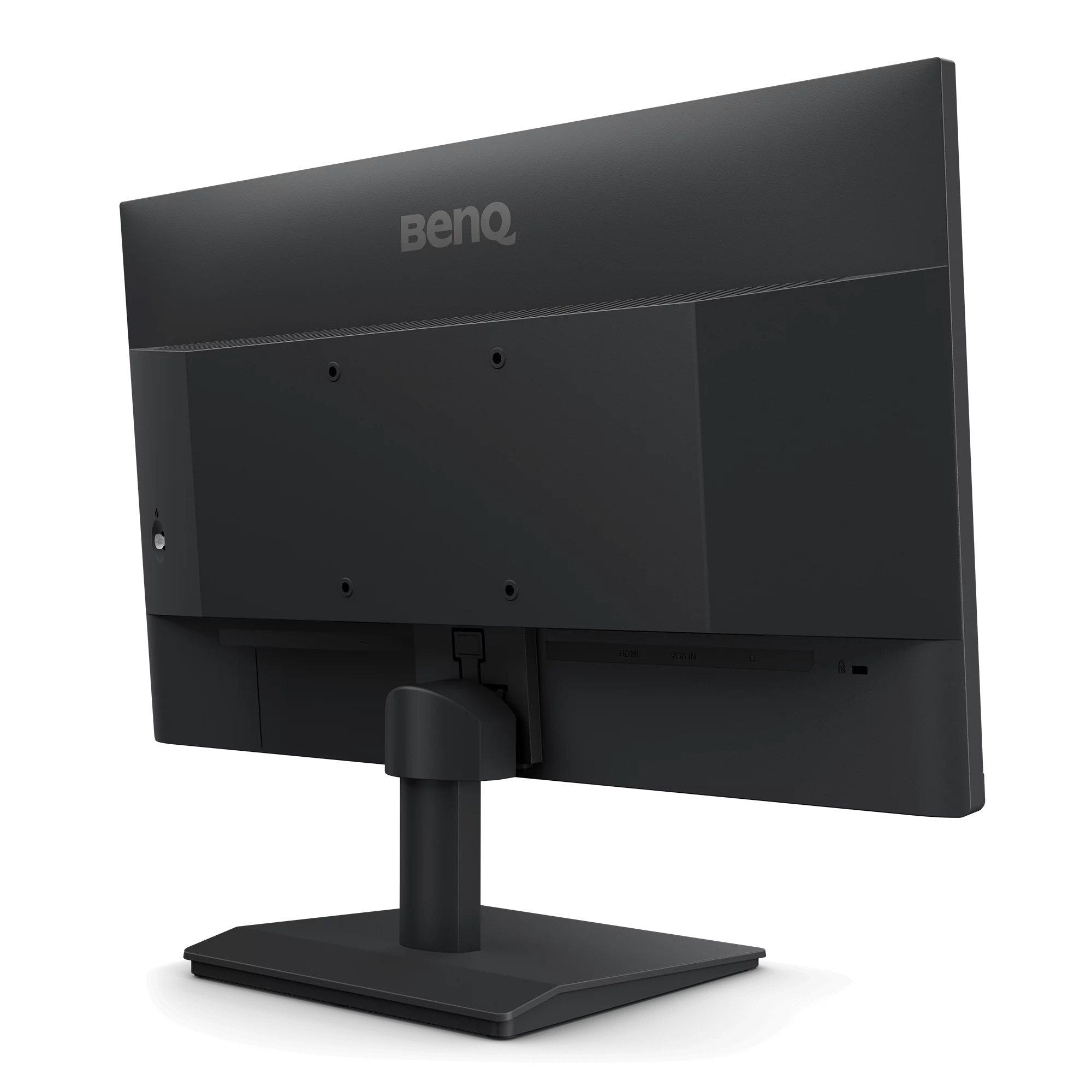 Il retro di un monitor BenQ nero su supporto con sfondo bianco.