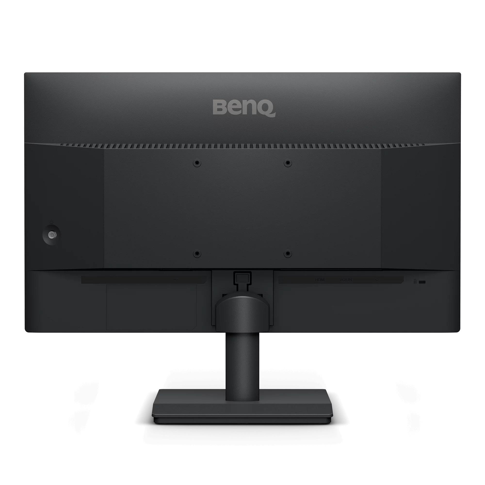 Vista posteriore di un monitor BenQ nero con supporto, attacco VESA e porte.
