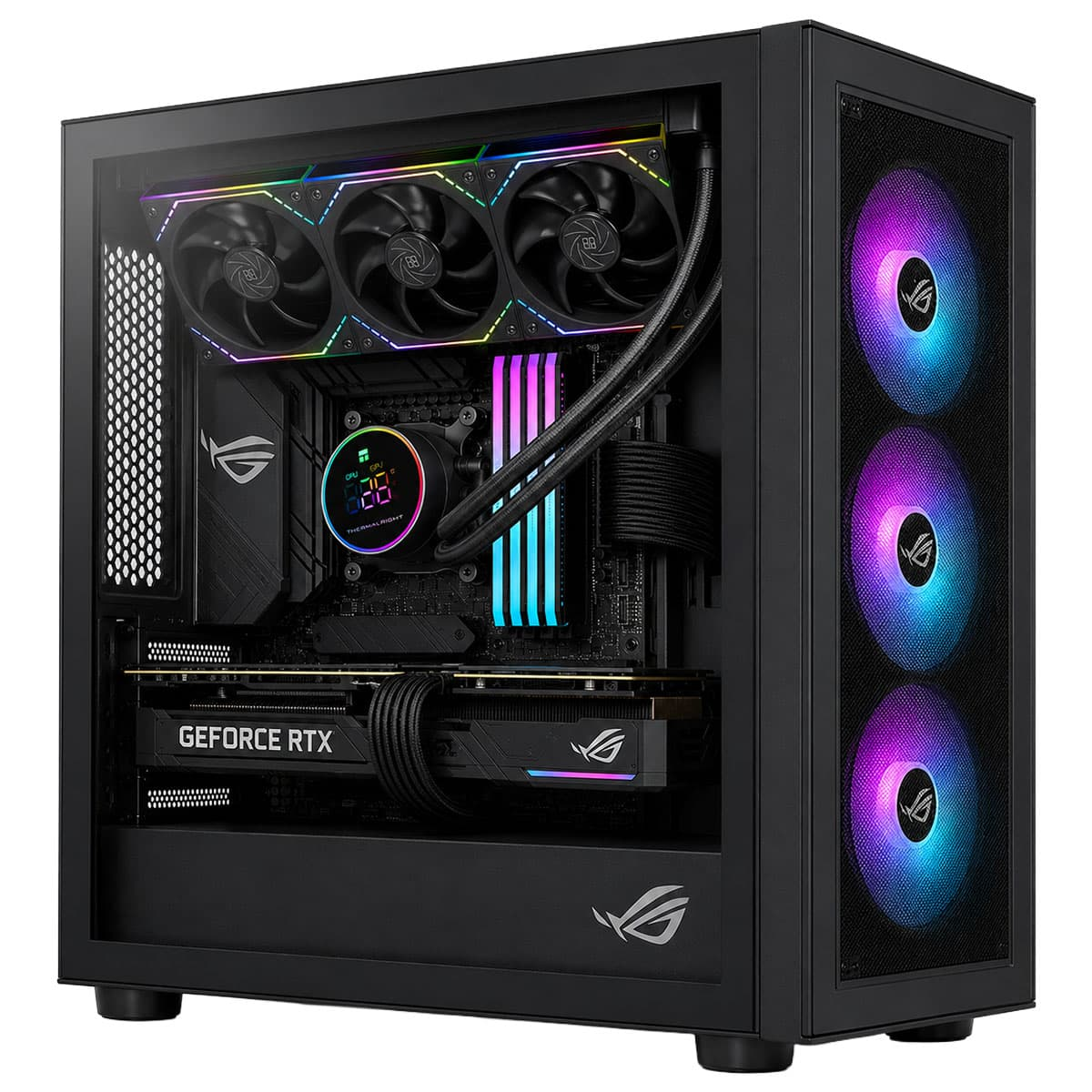 RGB fanlara, ekran kartına ve ışıklı bileşenlere sahip siyah bir oyuncu bilgisayarı kasası.