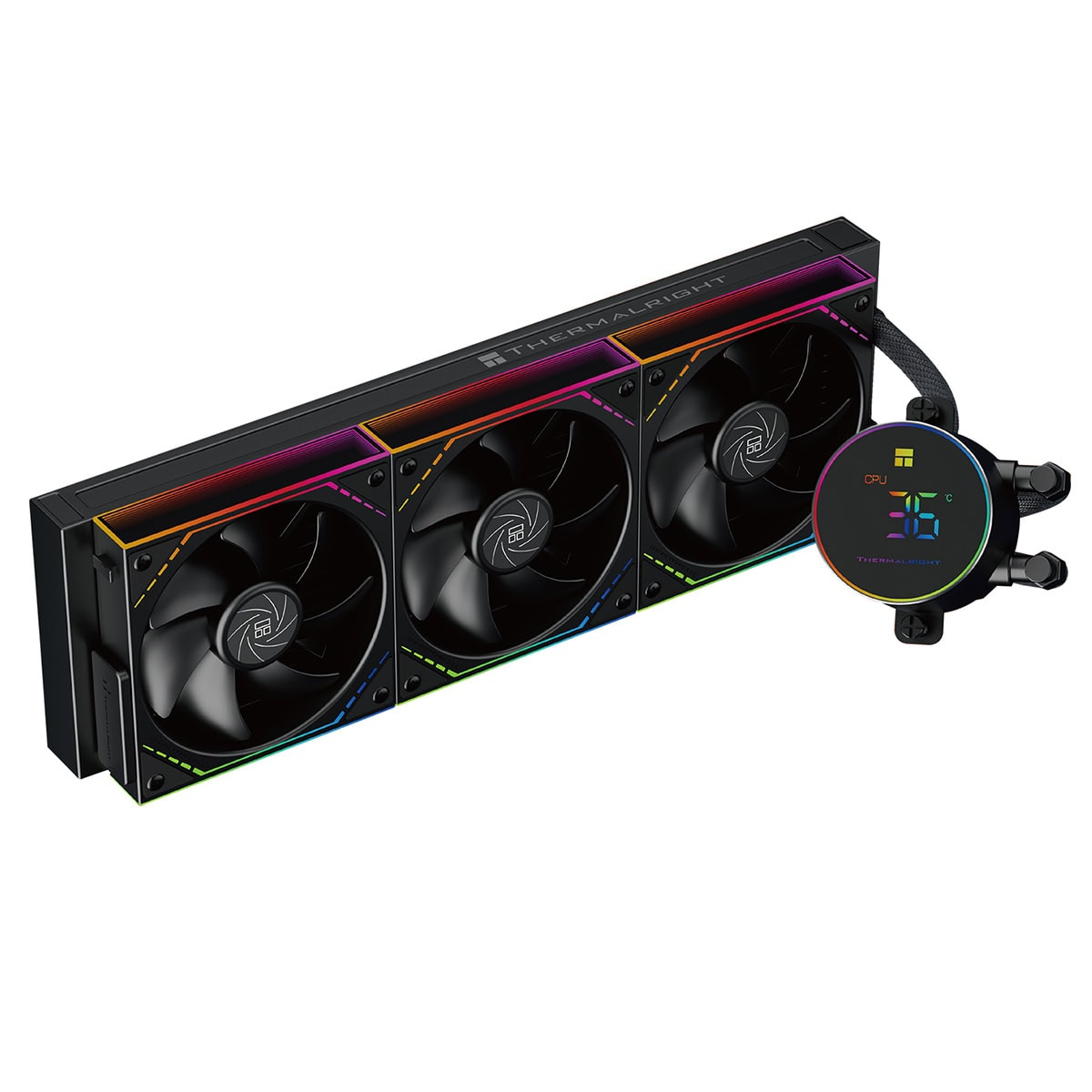 Üç RGB fanlı ve dijital sıcaklık göstergeli siyah AIO sıvı CPU soğutucusu.