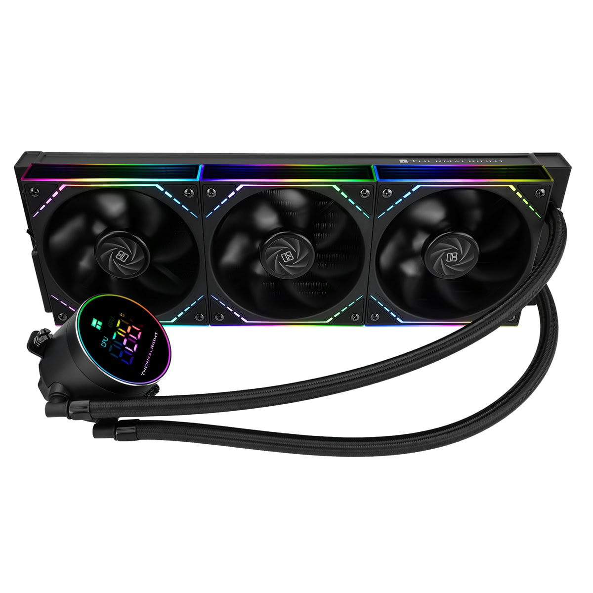Üç siyah RGB fanlı ve dijital ekrana sahip sıvı soğutucu.