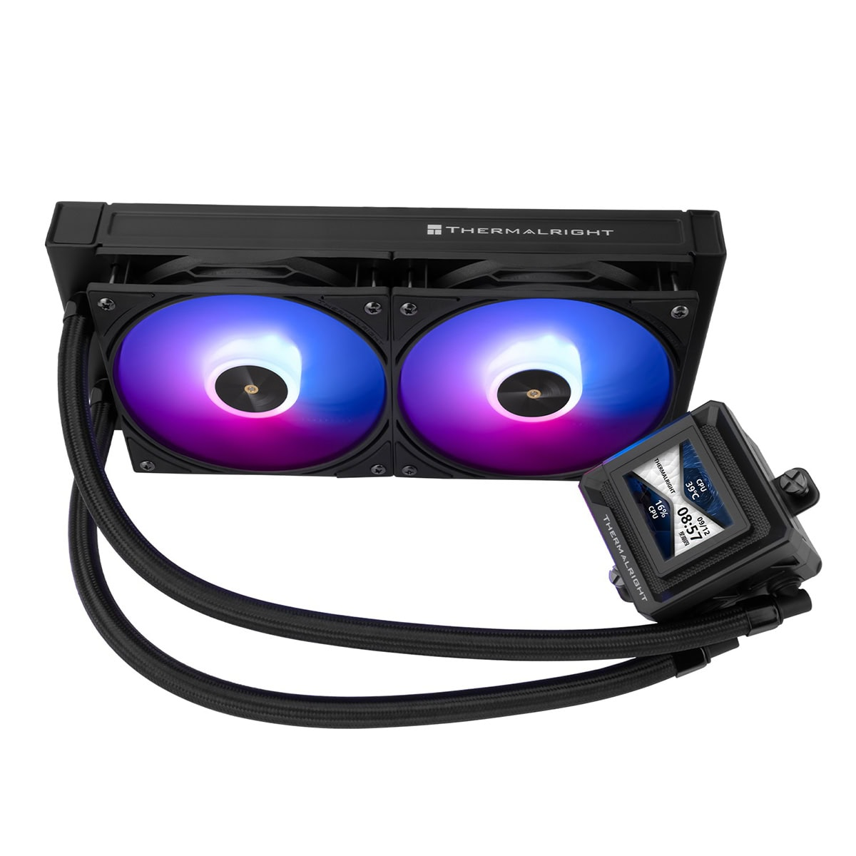 İki RGB fanlı, bağlı borulu ve dijital ekran bloklu Thermalright sıvı işlemci soğutucusu.