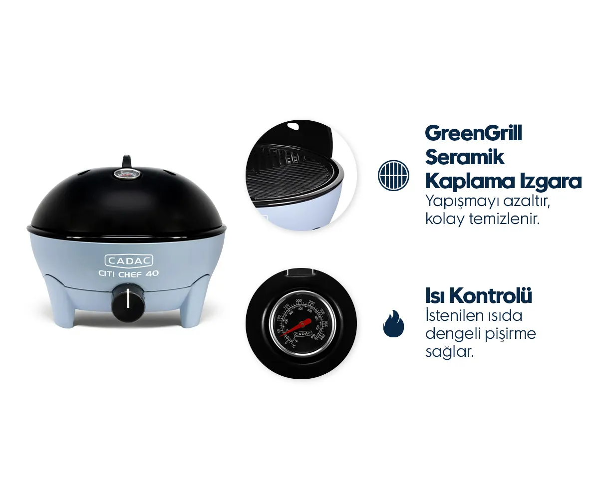 GreenGrill seramik kaplamalı ve sıcaklık kontrolü için entegre termometreli Cadac Citi Chef 40 barbekü.