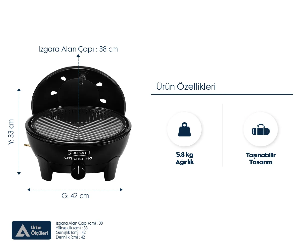 Boyutları, 5.8 kg ağırlığı ve taşınabilir tasarımı olan siyah Cadac Citi Chef 40 barbekü.