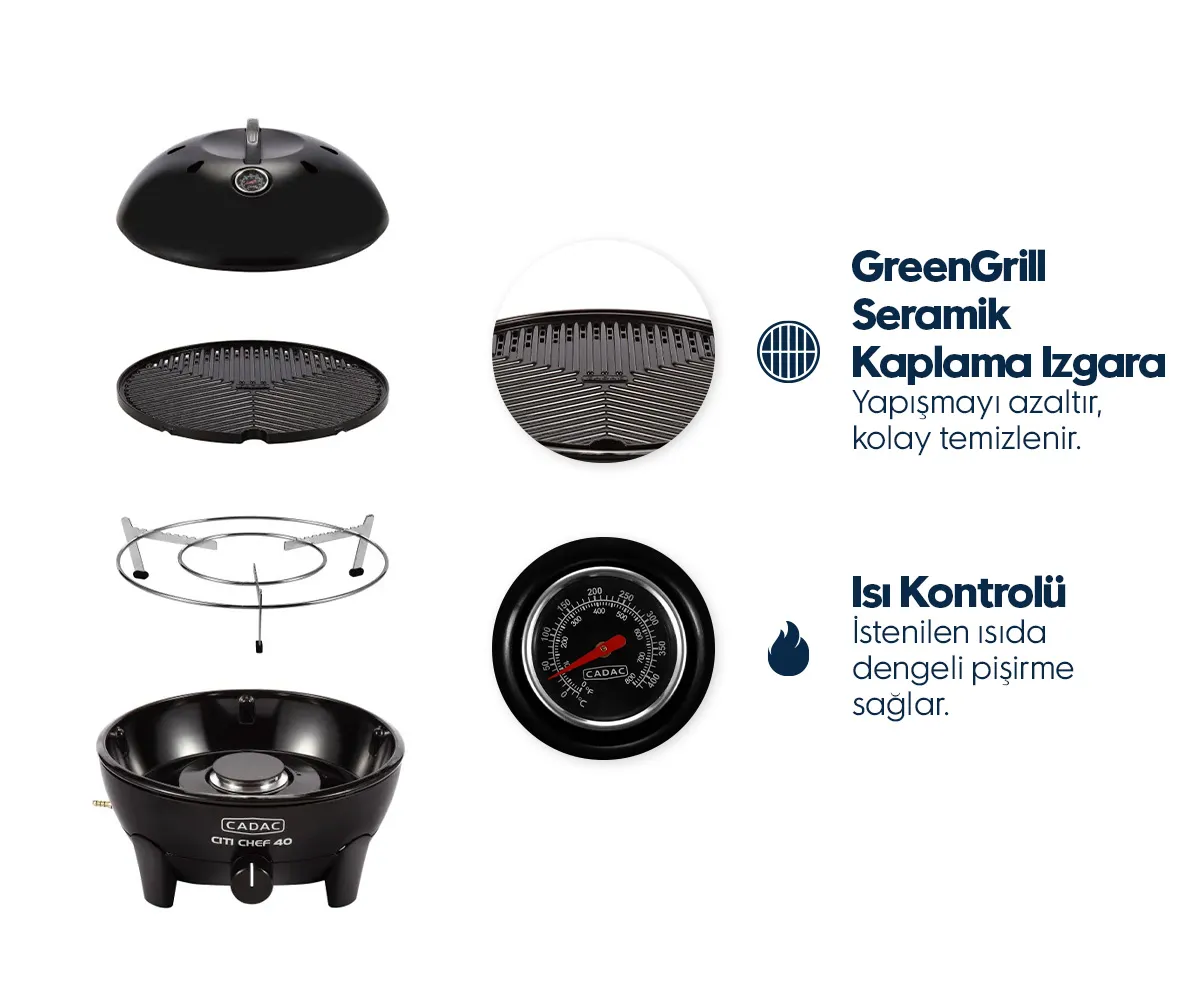 Seramik ızgaralı ve termometreli siyah Citi Chef 40 mangalın şeması.