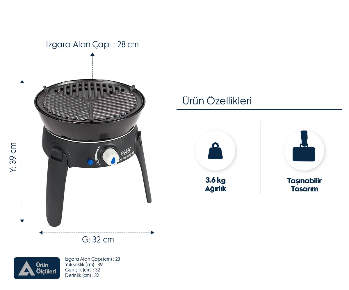 28 cm ızgara çaplı, 3,6 kg taşınabilir gazlı mangalın teknik çizimi ve ölçüleri.