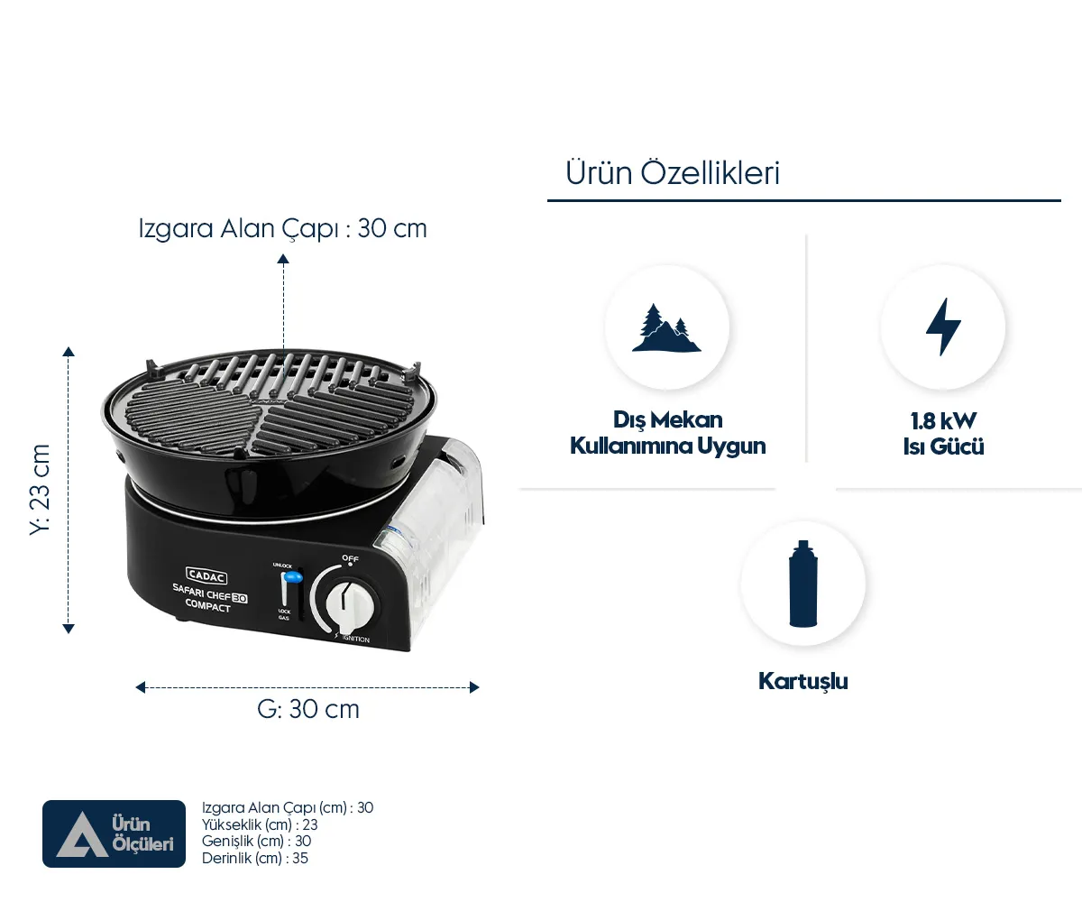 Kompakt Cadac Safari Chef 30 kamp ızgarasının teknik çizimi, boyutları ve ürün özellikleri.