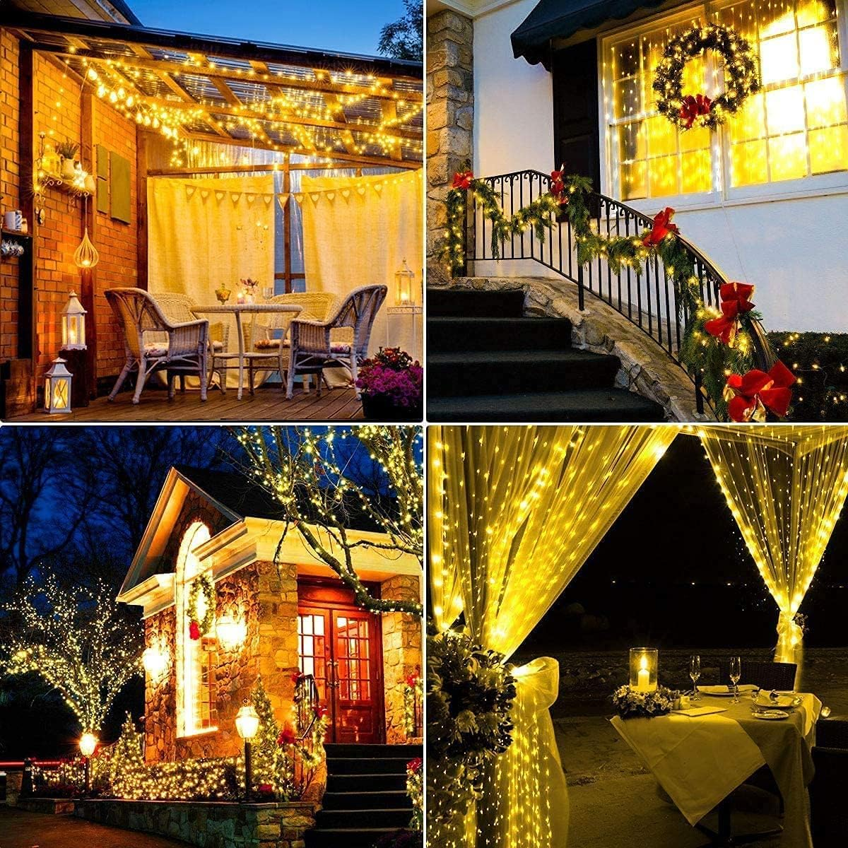 Haus und Terrasse dekoriert mit warmen, leuchtenden Lichterketten und Blumen.